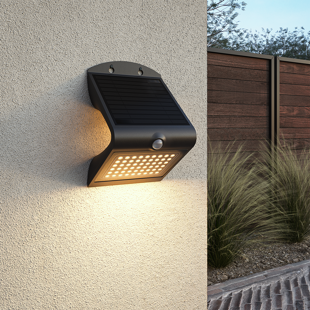 HOFTRONIC™ Rhodes LED Solar Wandlamp met bewegingssensor 2 lichtstanden 56 LEDS 3000K Warm wit