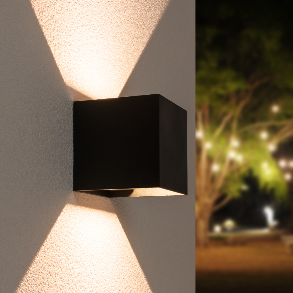 HOFTRONIC™ Kansas - Dimbare LED wandlamp kubus - 7 Watt - 3000K warm wit - Up & Down light - IP65 waterdicht - Zwart - Wandverlichting voor binnen en buiten