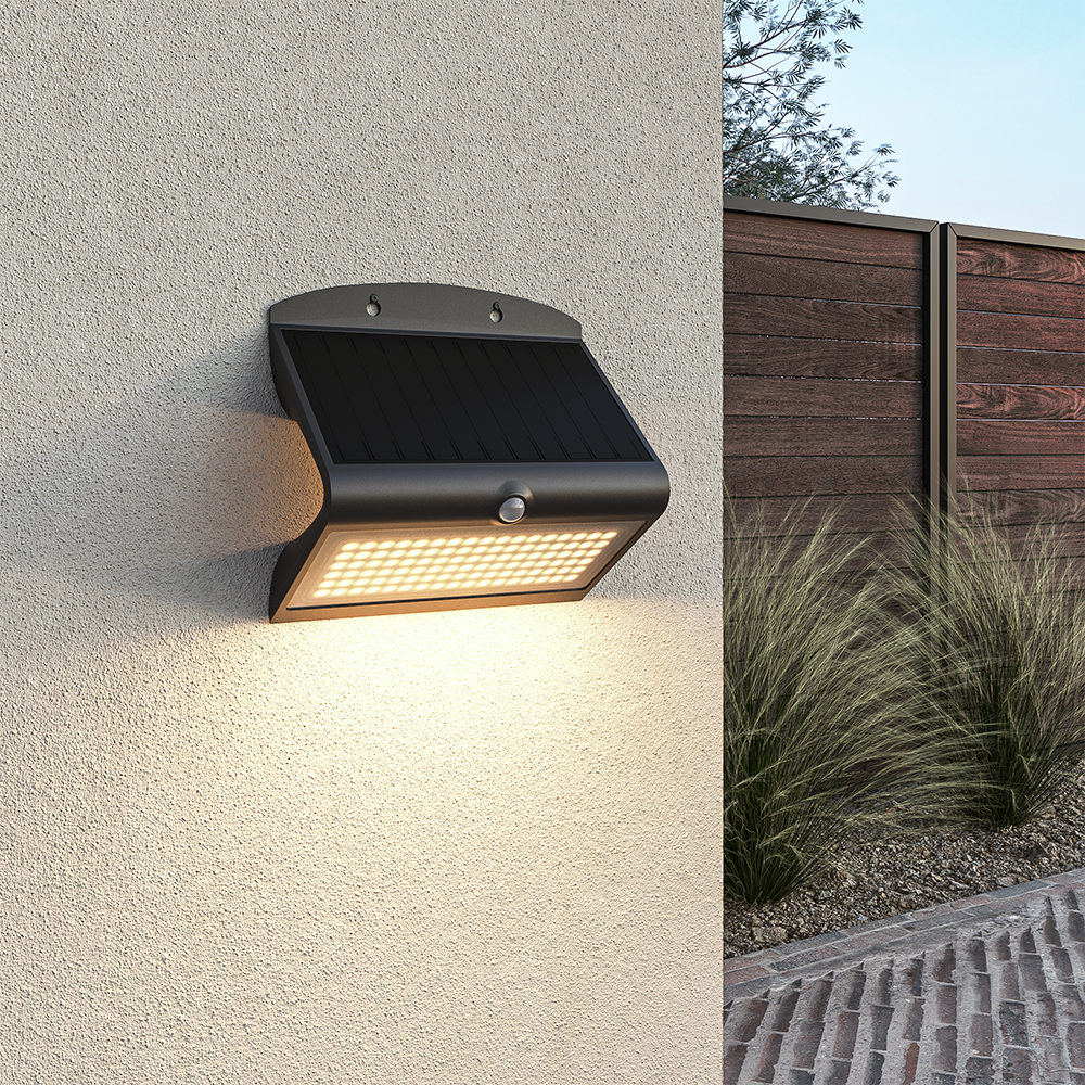 HOFTRONIC™ Rhodes LED Solar Wandlamp met bewegingssensor 2 lichtstanden 104 LEDS 3000K Warm wit