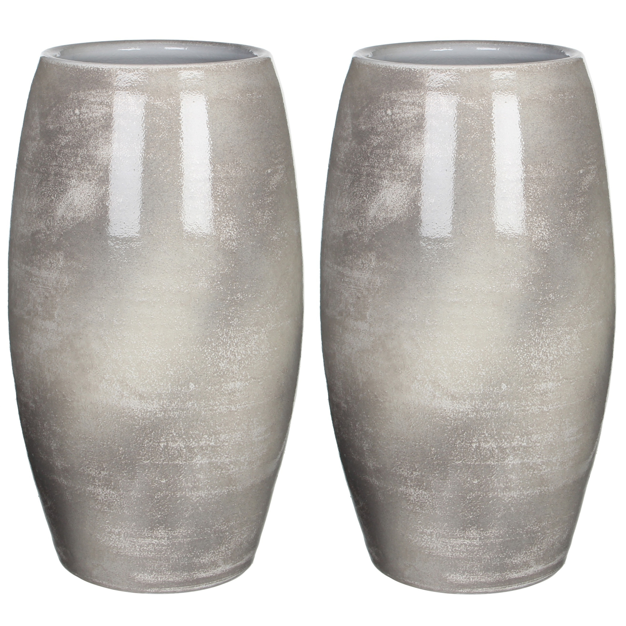 Mica Decorations 2x stuks bloemenvaas shiny lightgrey stone keramiek voor boeketten/takken/bloemen H50 x D30 cm -