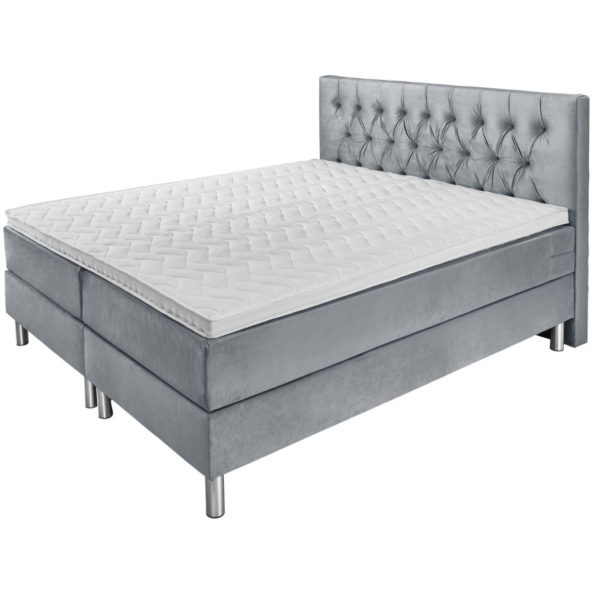 Vega Boxspringbed Premium Velours, hoofdbord Chesterfield; 200x200x69 cm (BxLxH); lichtgrijs; hard