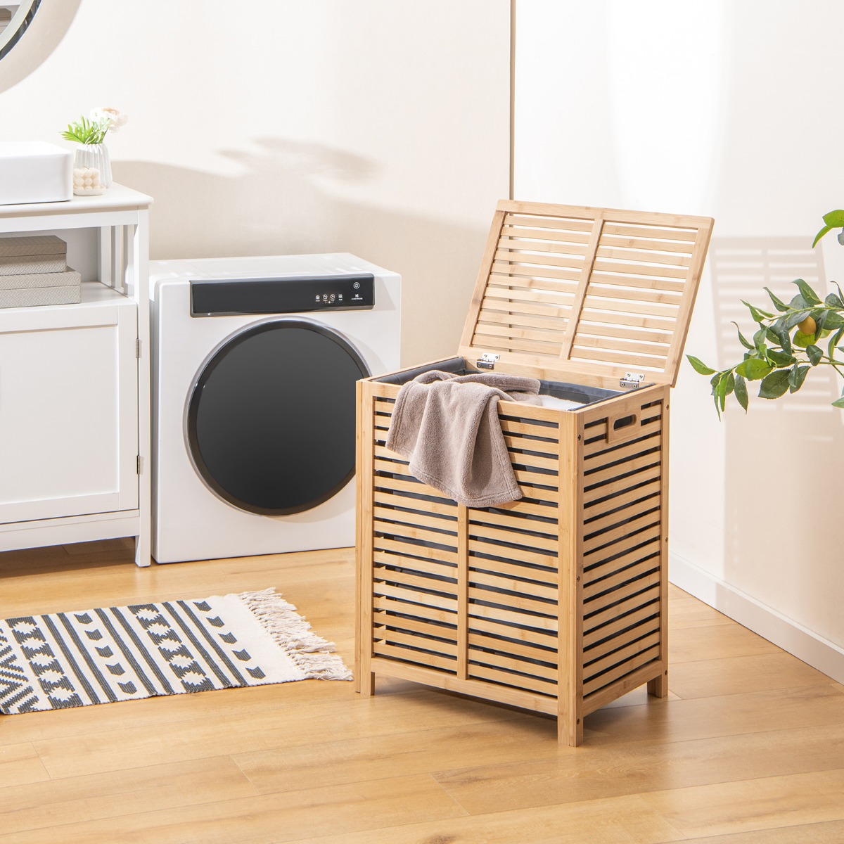Costway 80 L Bamboe Wasmand Wasbox met Deksel Wasbox met Verwijderbare & Wasbare Waszak voor Badkamer Woonkamer Slaapkamer