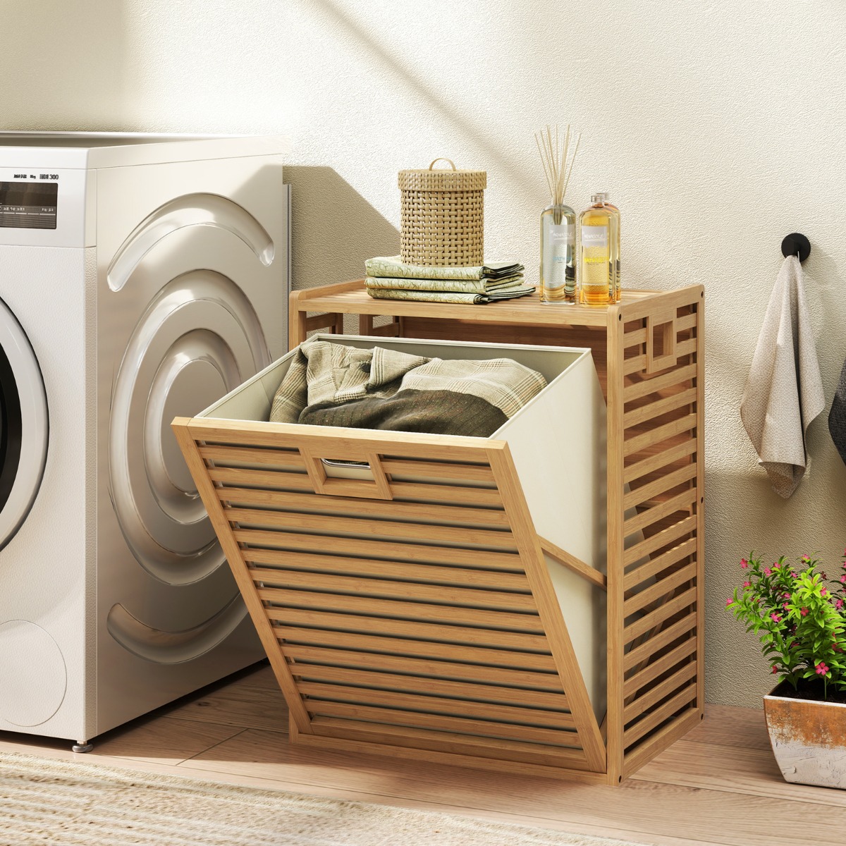 Costway Badkamerrek met Wasmand 68 L Bamboe Rek met Plank en Uitklapbare Mand van Stof Wasverzamelaar voor Badkamer Bijkeuken Natuur