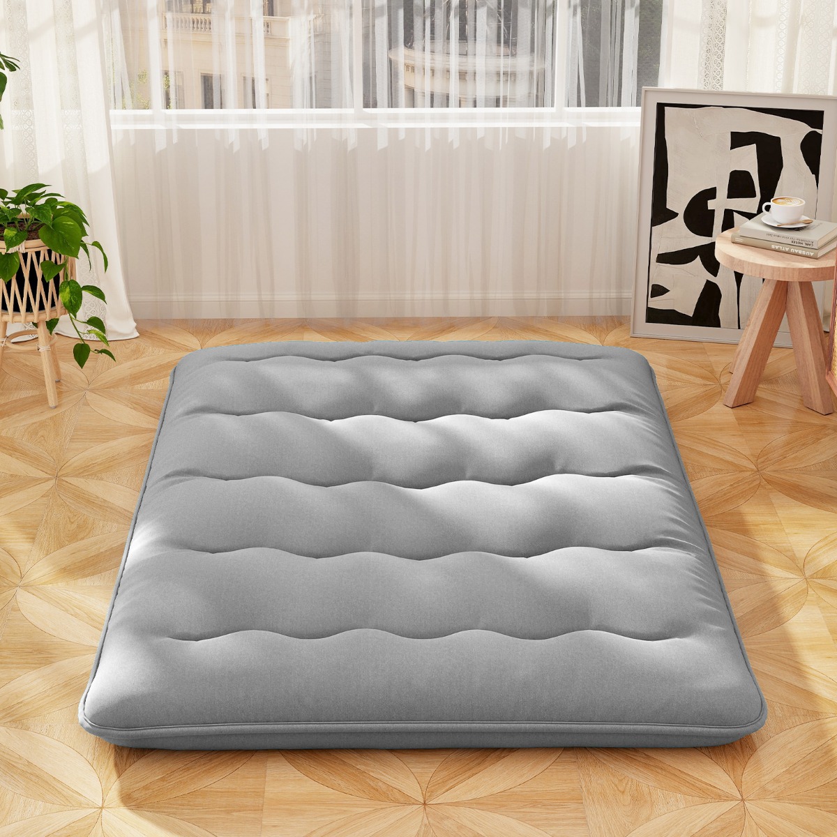 Costway Japans Futonmatras met Wasbare Hoes &Amp Draagtas Tatamimat Grijs 140 x 200 cm