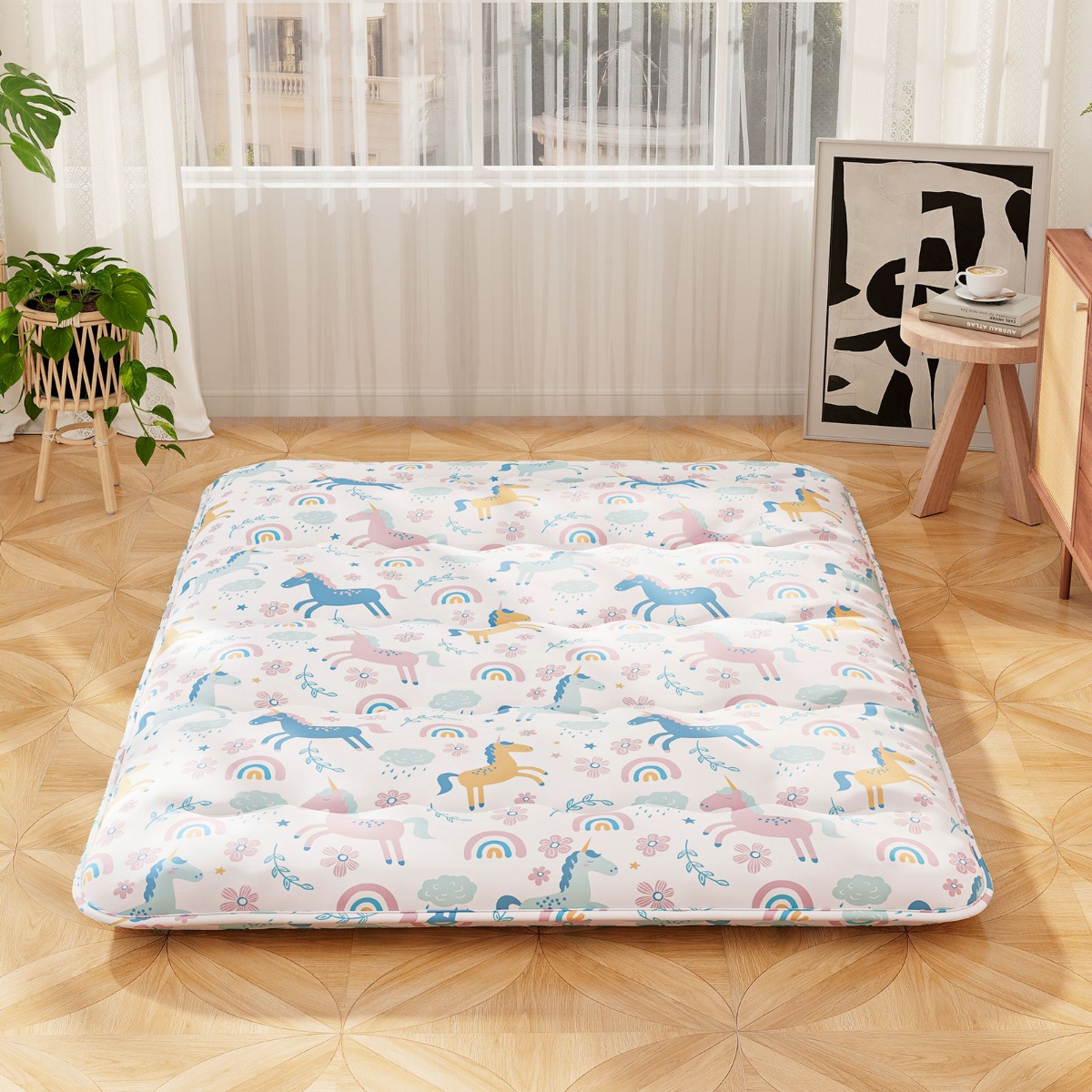 Costway Japans Futonmatras met Wasbare Hoes &Amp Draagtas Tatamimat Kleurrijk 140 x 200 cm