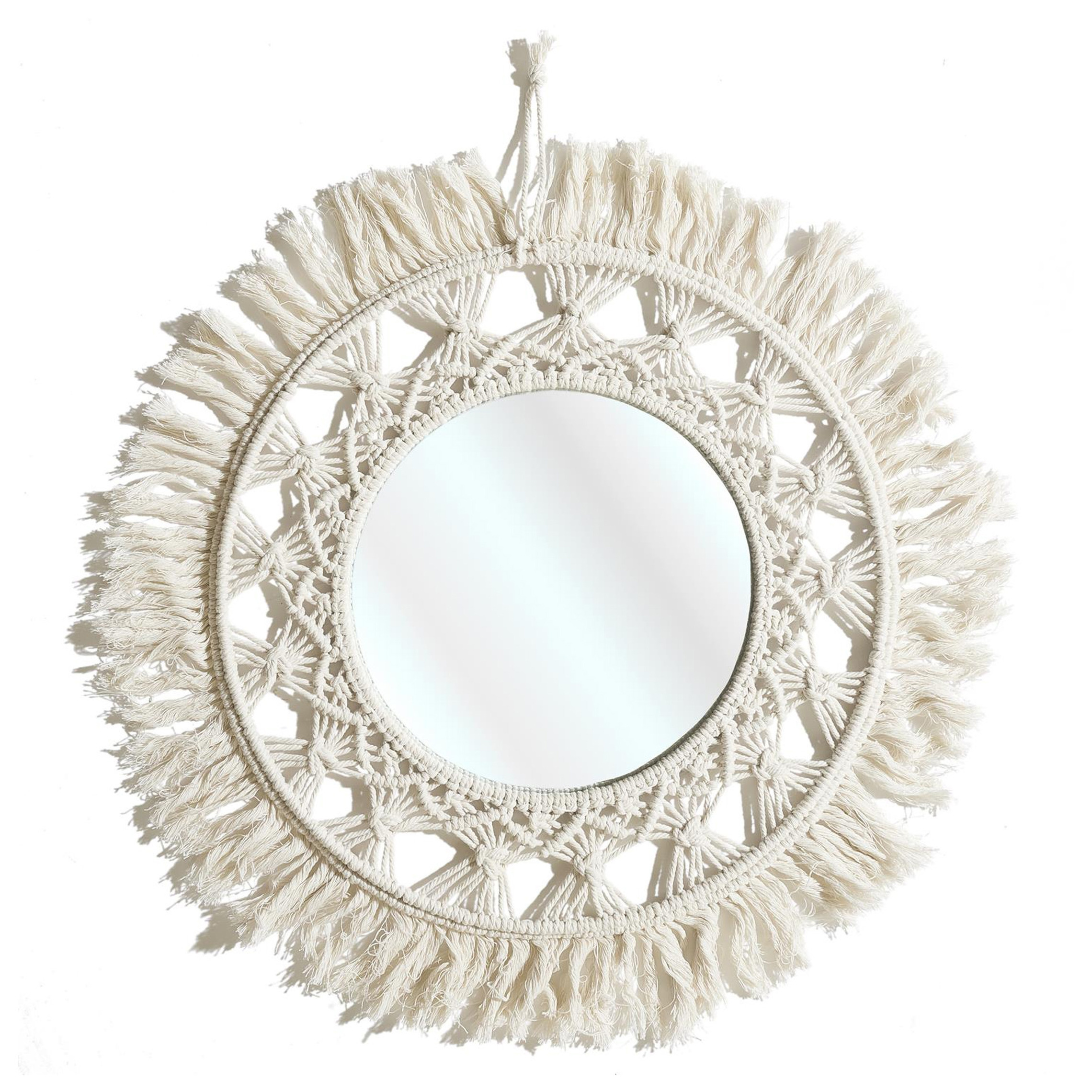 Home Deco Factory Wandspiegel Boho/Ibiza - macramé - rond - naturel - D55 cm -