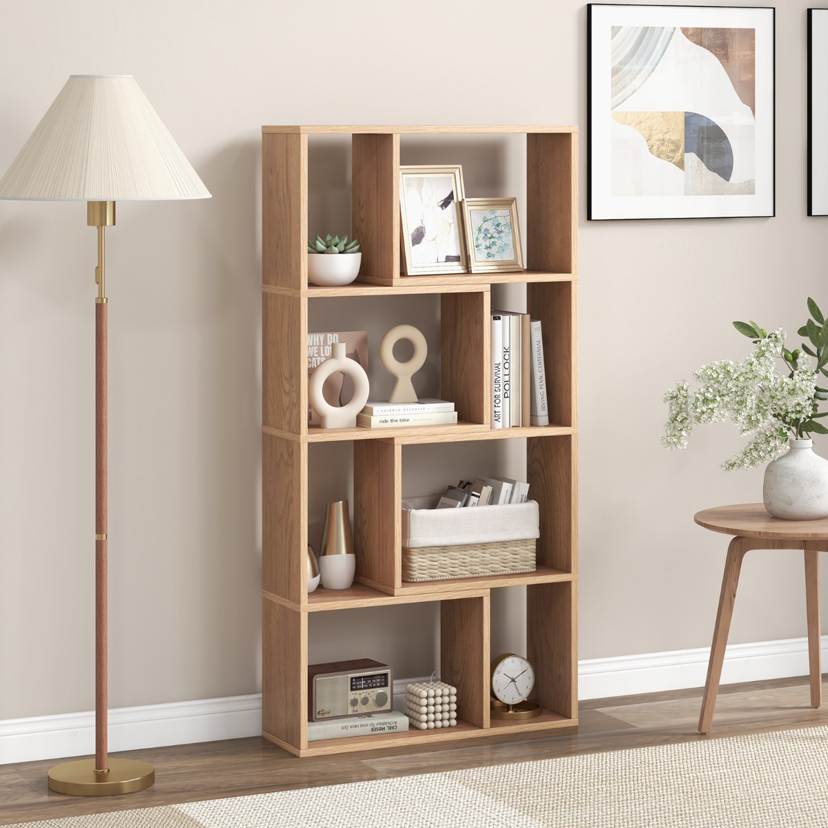 Costway Boekenkast met 4 Niveaus Staande Kast met 8 Vakken Kubusrek Rek 60 x 20 x 120 cm Natuur / Wit