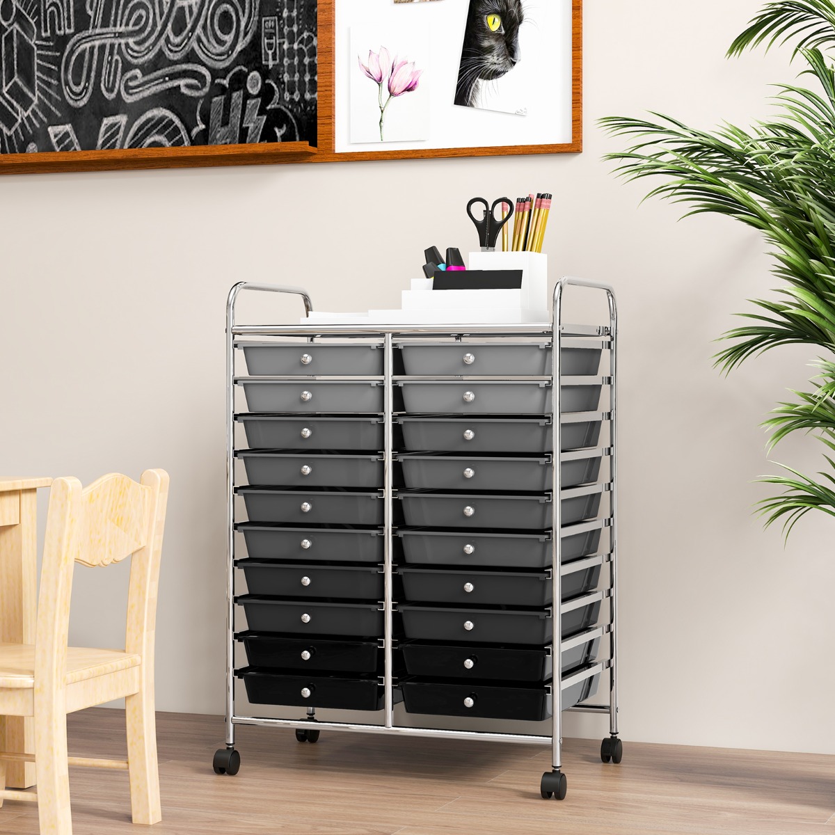 Costway Rollwagen met 20 Stapelbare Lades & Metalen Frame Rollcontainer Badrollwagen Gemengd Zwart