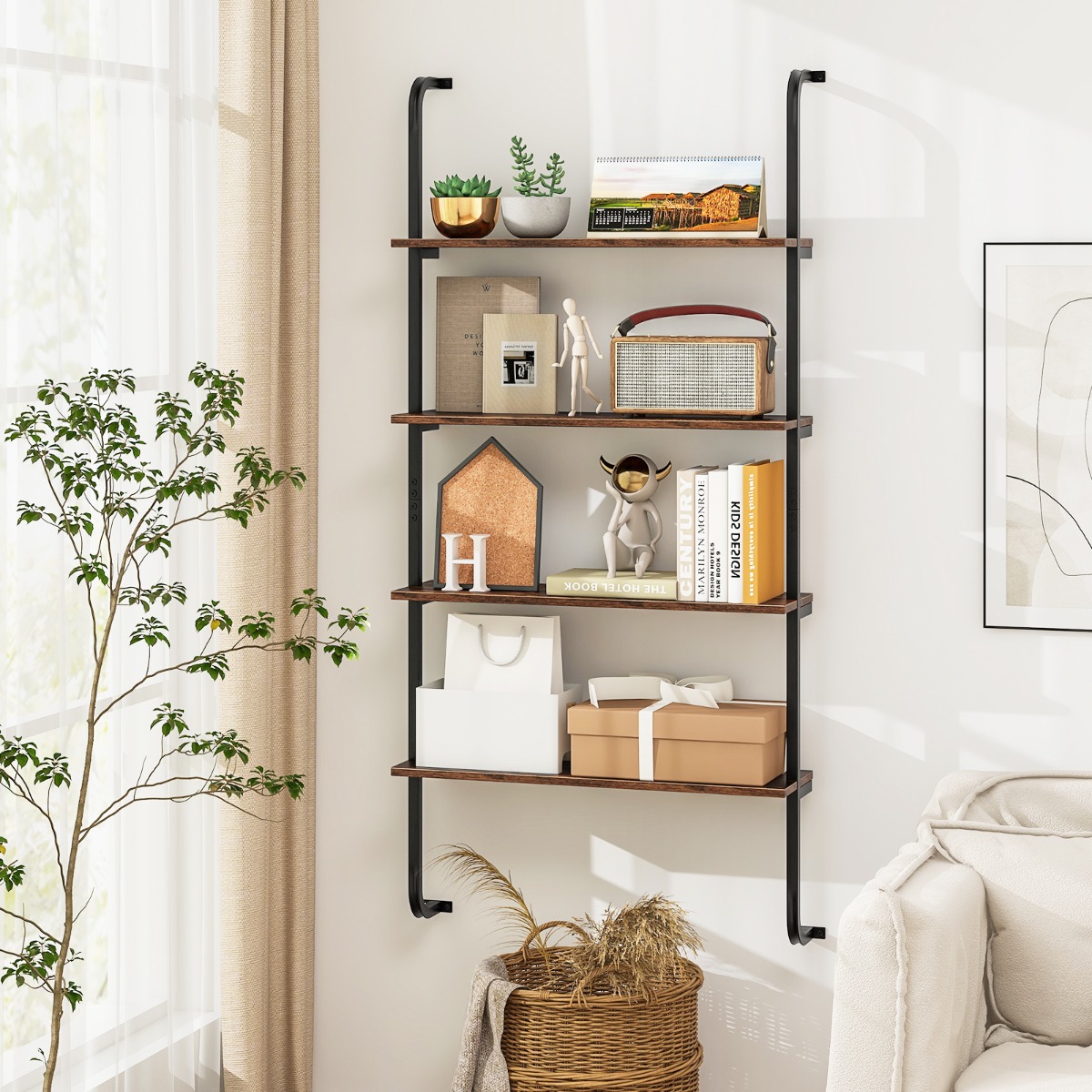Costway 4-Laags Zwevend Wandrek Ladderrek Wandmontage Zwevend Rek Hout met Metalen Frame 70 x 20,5 x 150 cm