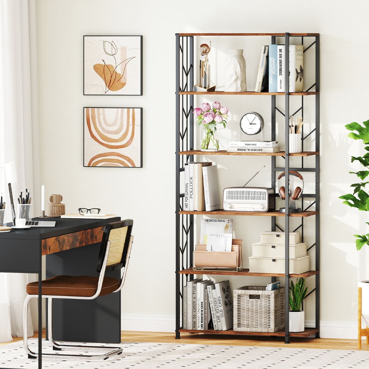 Costway 6-Plank Boekenkast Moderne Geometrische Plank met Sterk Metalen Frame Vrijstaande Opslag Plank met 2 Anti-Kantel Kits Bruin