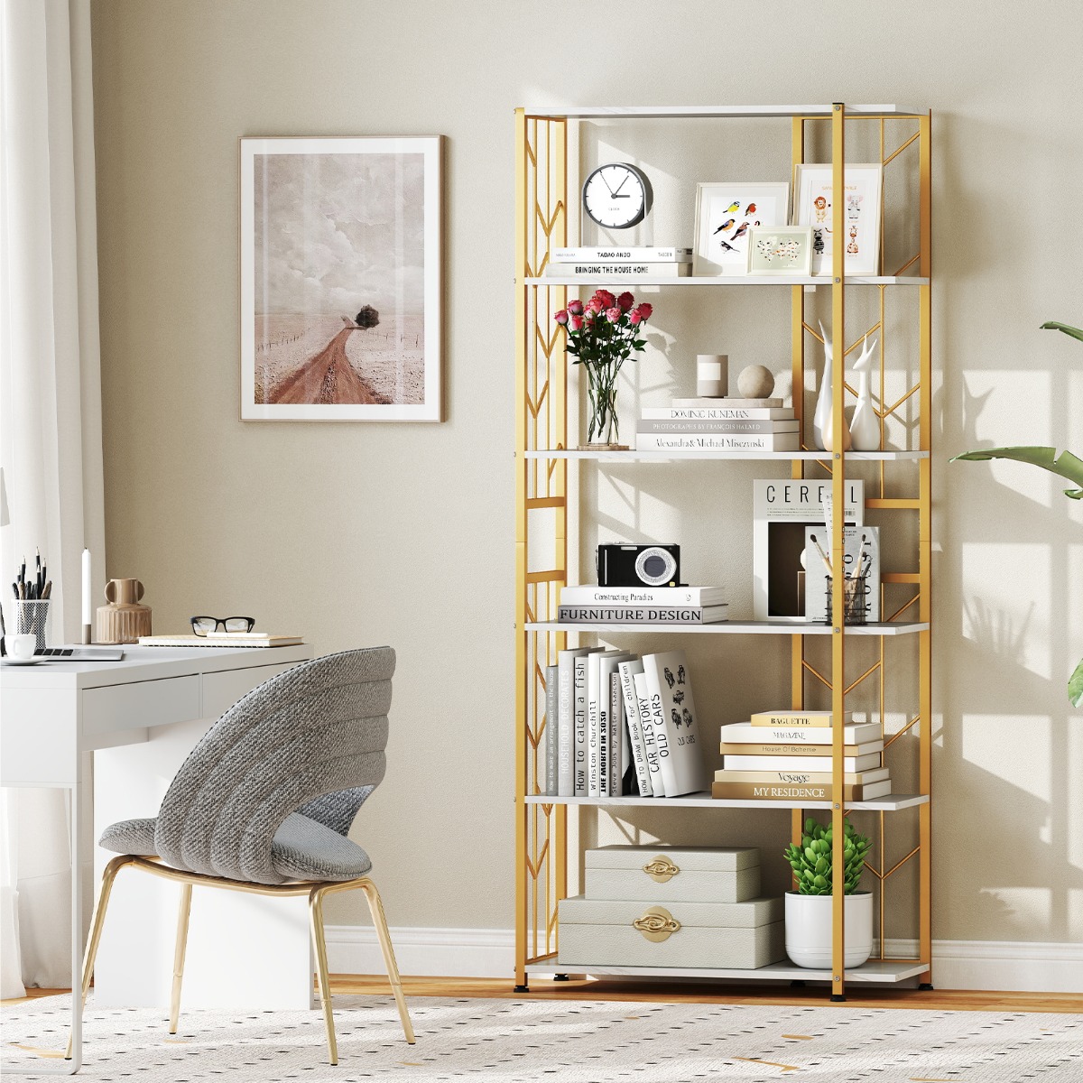Costway 6-Plank Boekenkast Moderne Geometrische Plank met Sterk Metalen Frame Vrijstaande Opslag Plank met 2 Anti-Kantel Kits
