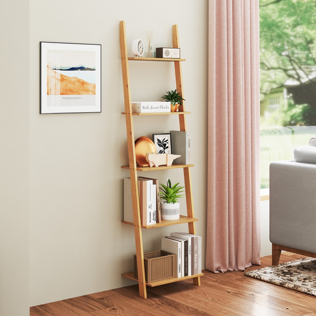 Costway 5 Niveaus Bamboe Rek Smal Boekenrek Staand Rek 43 x 35 x 165 cm Naturel