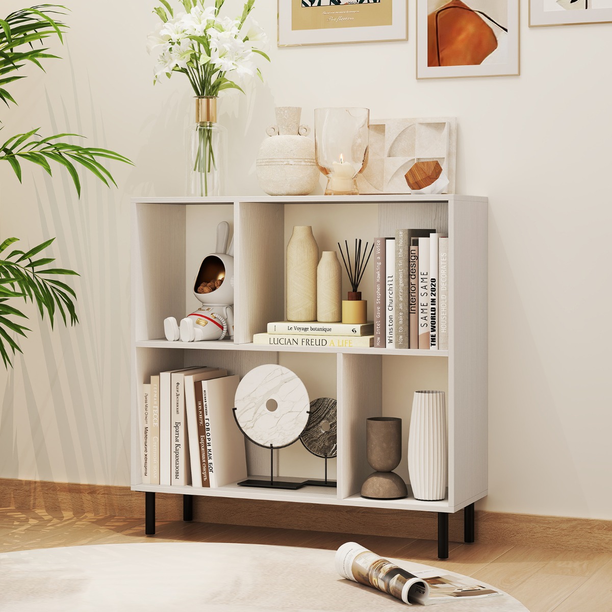 Costway 90 x 30 x 90 cm 4-Cube Boekenkast 2-Niveau Plank met Metalen Poten Opslag Plank Moderne Display Plank Opslag Organisator Kantoor/Thuis