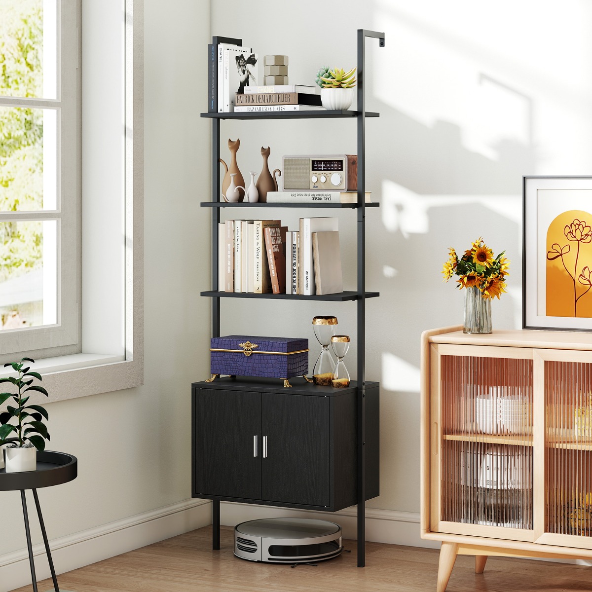 Costway 5-laags Ladderrek Boekenrek Wandrek met Kast Kantelbeveiligingskits en Metalen Frame Zwart 60 x 35 x 184 cm