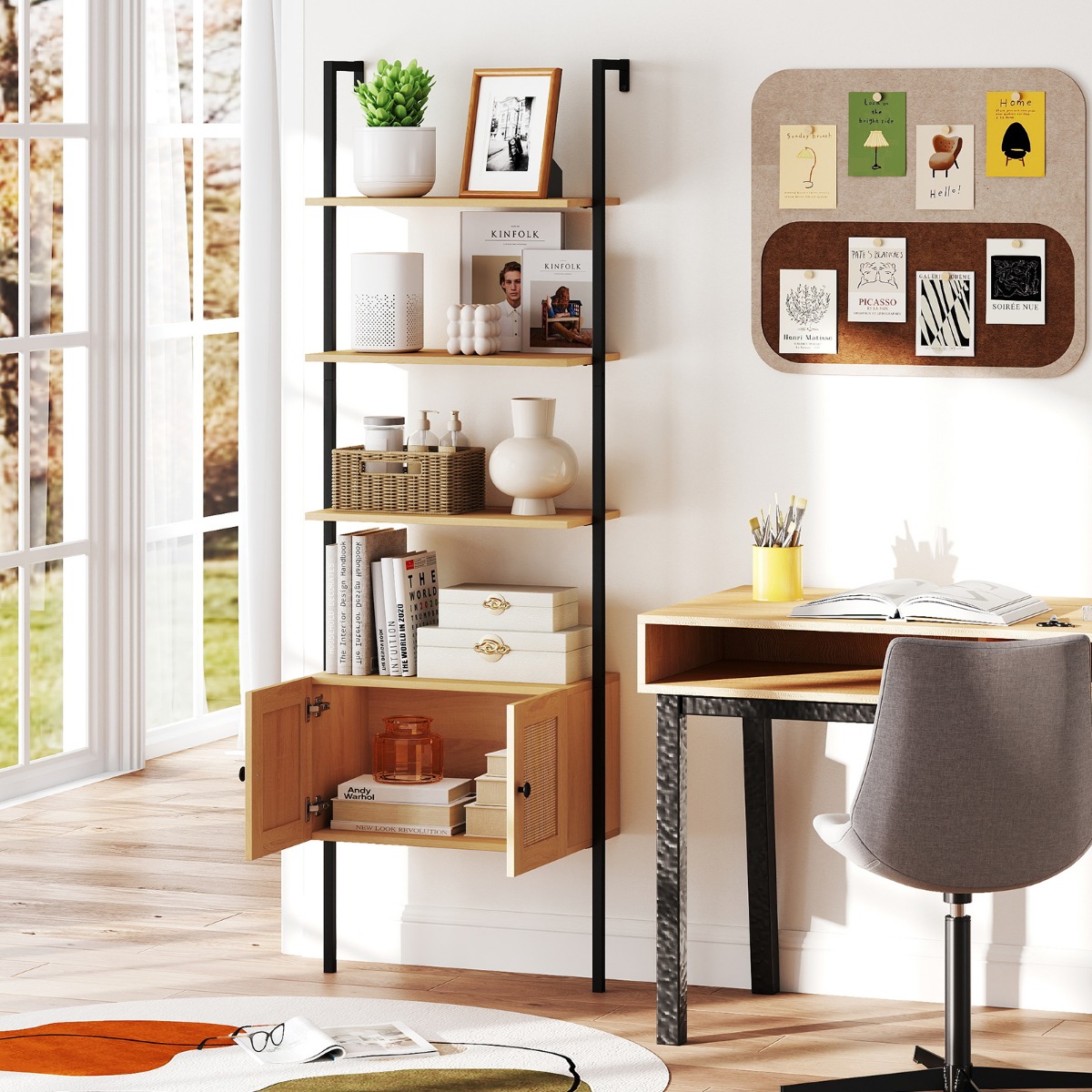 Costway 5-laags Ladderrek Boekenrek Wandrek met Kast Kantelbeveiligingssets en Metalen Frame 60 x 31 x 184 cm Natuur
