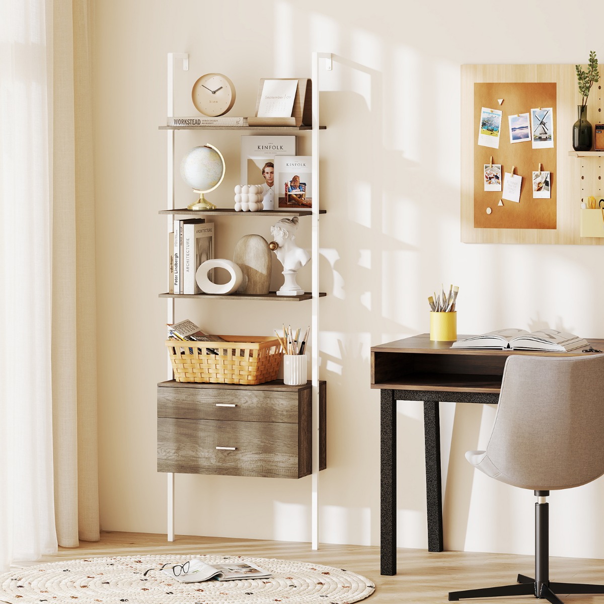 Costway 6-laags Ladderrek met 2 Lades Wandgemonteerd Boekenrek met Metalen Frame Grijs