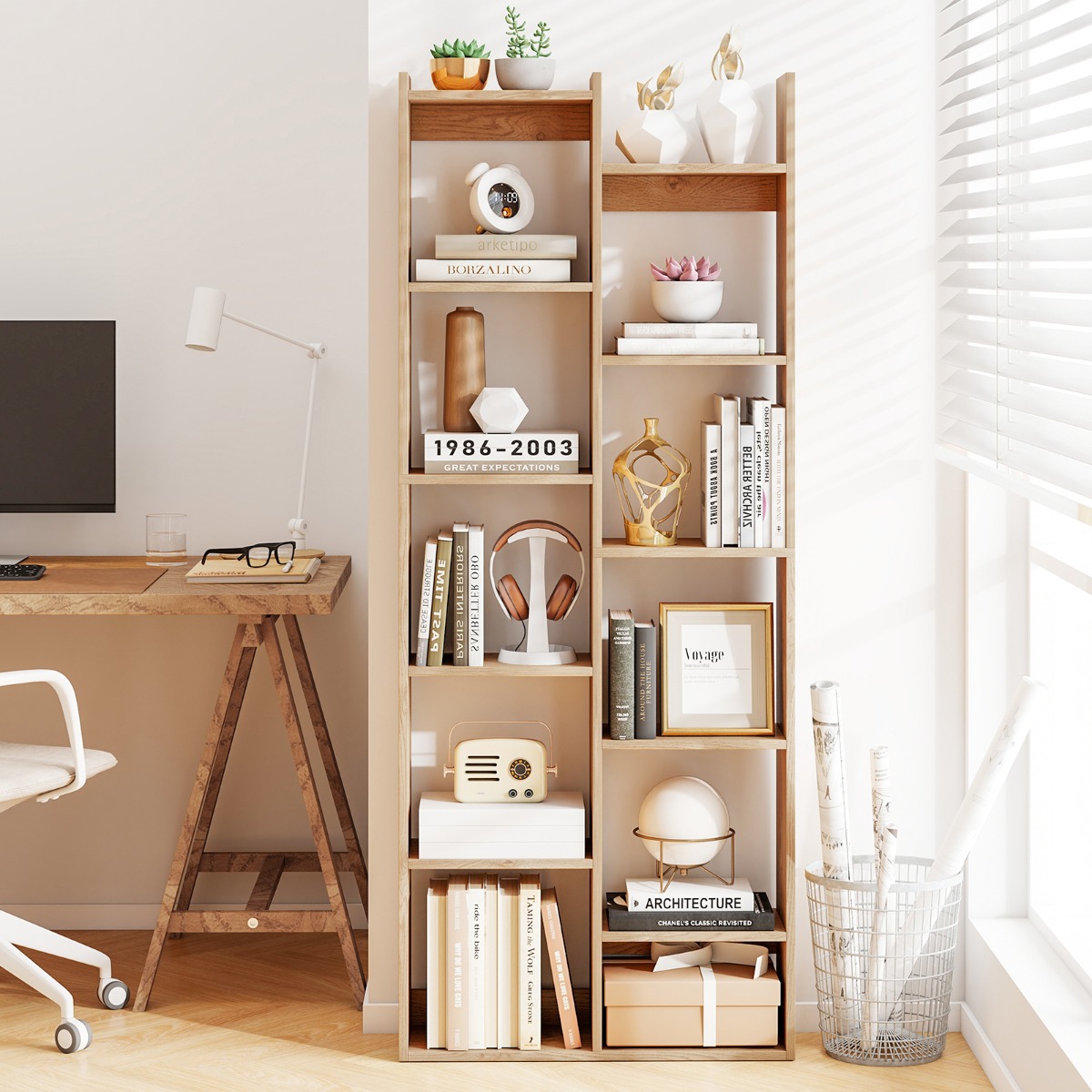 Costway Boekenkast 12-Laags Stellingkast met Anti-Kantelbeveiliging Houten Plank Moderne Opbergmeubel voor Thuiskantoor Natuurlijk/Wit
