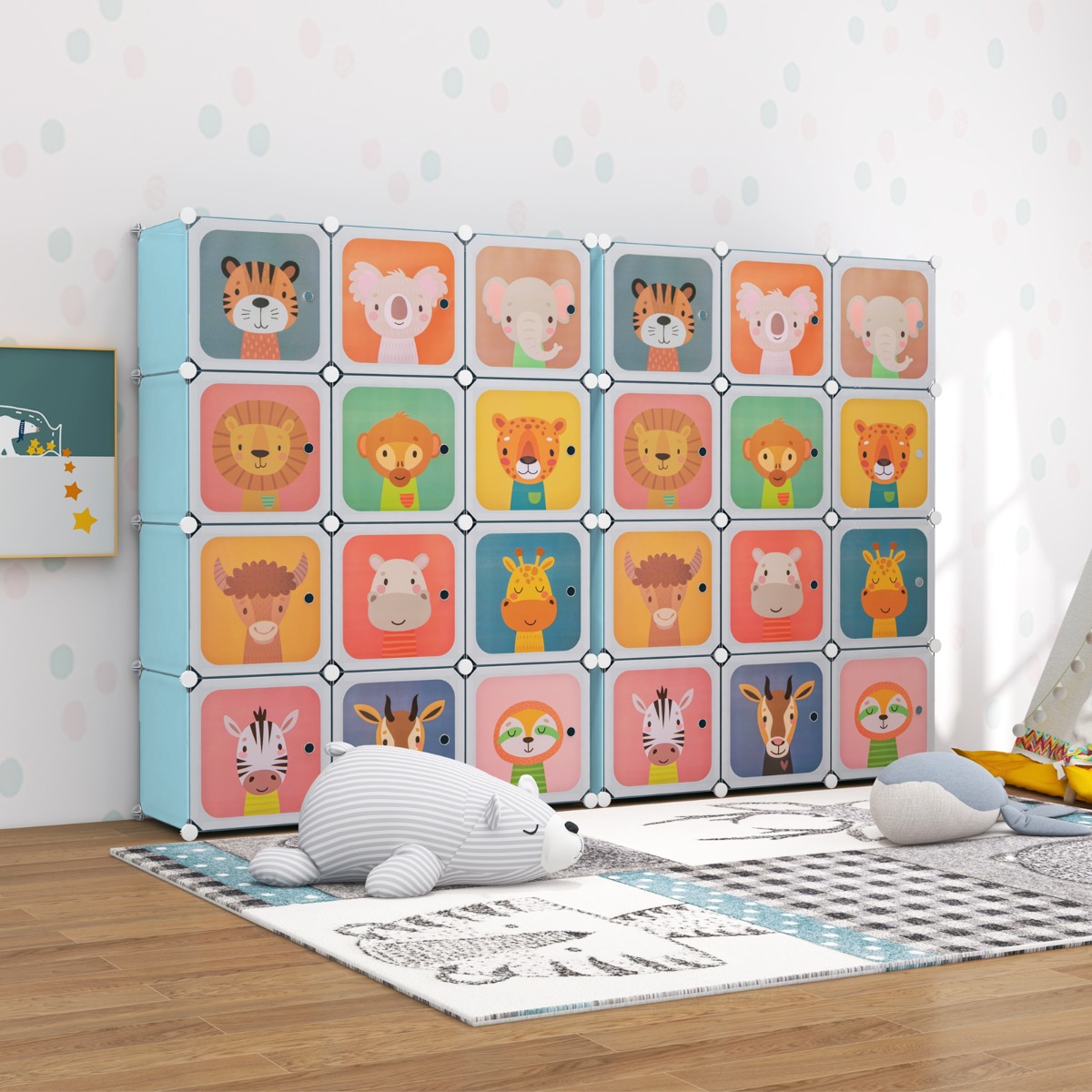 Costway Kledingkast voor Kinderen Reksysteem van Kunststof met 12 Kubussen Kinderrek Uitbreidbaar met Deuren en 2 Hangers Opbergkast