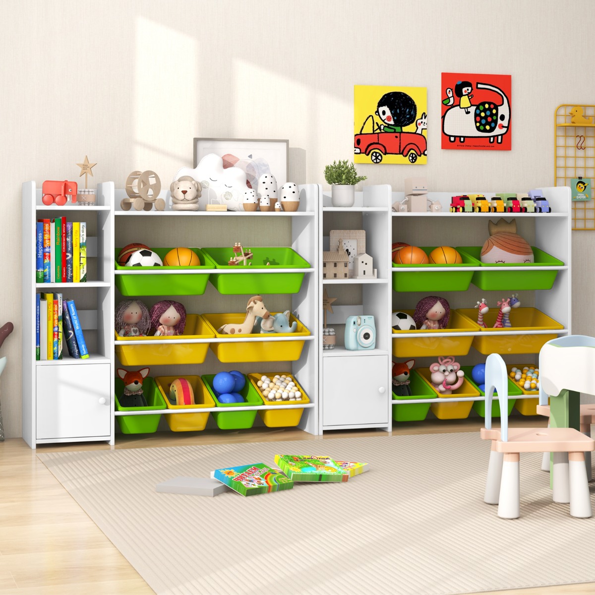 Costway Opbergmeubel voor Kinderspeelgoed Veelzijdige Kinderboekenkast met 4 Niveaus 8 Opbergbakken Grote Kast met Deur voor Kinderkamer Wit