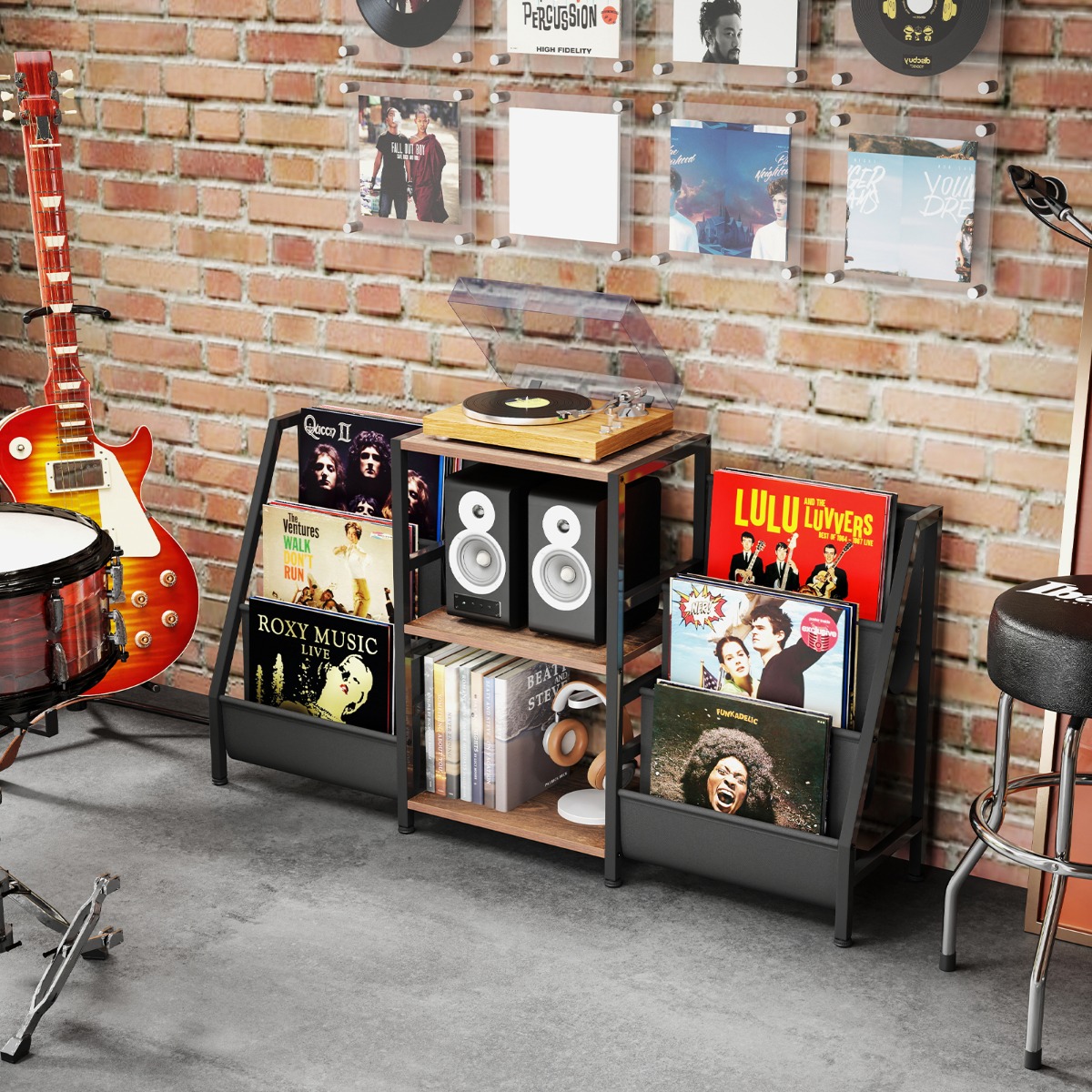 Costway Platenspelerstandaard met Vinylrek & 3 Planken & 6 Opbergtassen Platenstandaard