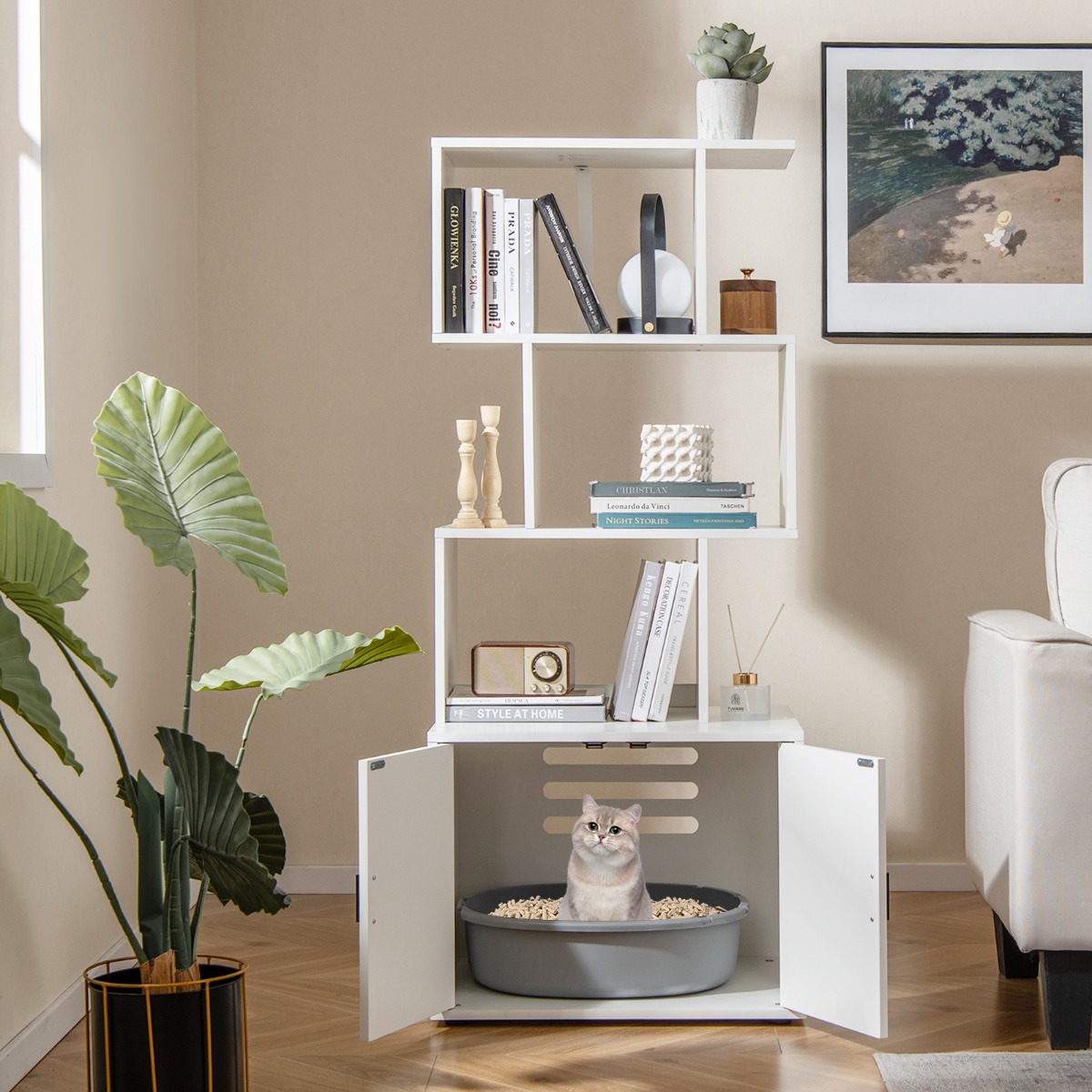 Costway 142 cm Kattenbak 2 in 1 Kattenbak 3 Open Schappen Zij-Ingang Deuren Hoekdierbak Industriële Stijl Wit/Bruin