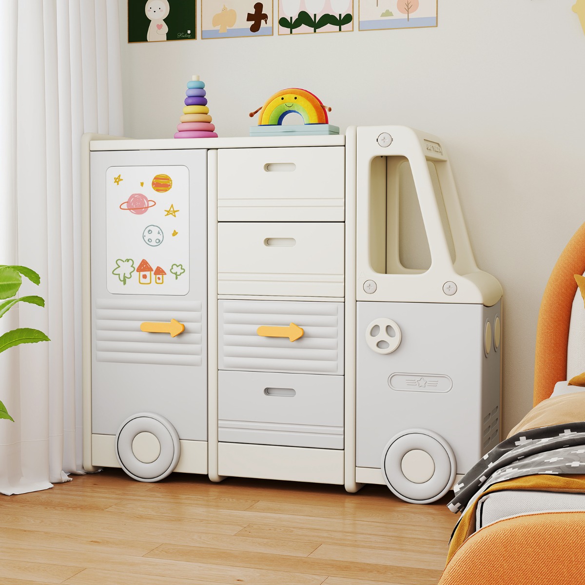 Costway Speelgoedrek Auto Kinderrek in Busvorm met Whiteboard 4 Laden & Kasten 111 x 34 x 94 cm