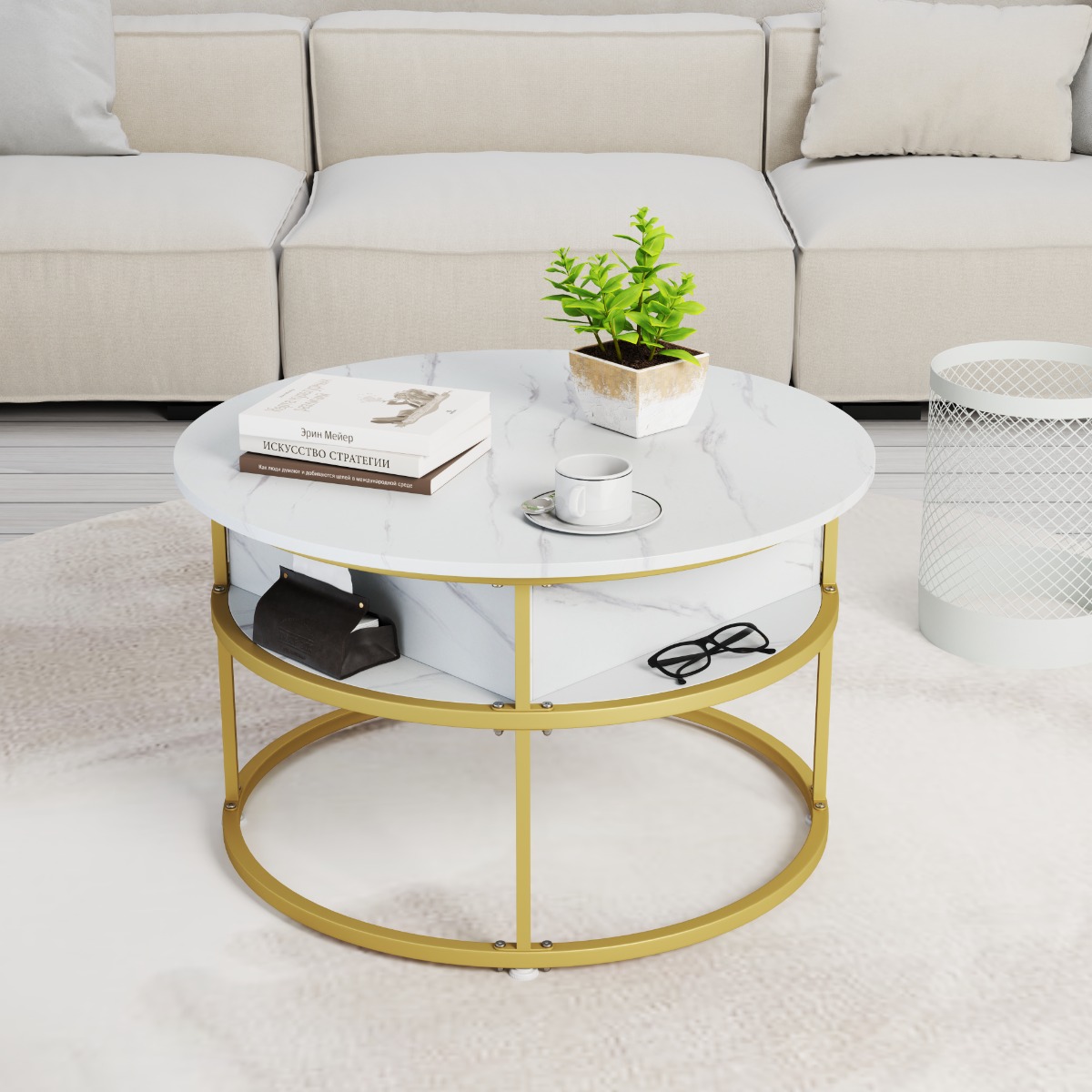Costway Salontafel met Opklapbaar Blad 80 cm Ronde Centrale Tafel met Verborgen Vak en Zijplanken Cocktailtafel met 2 Niveaus voor Woonkamers