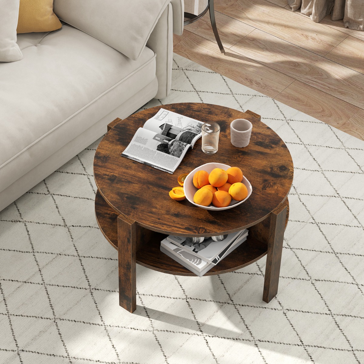 Costway Ronde Salontafel met Opbergruimte Houten Woonkamertafel met 4 Planken Koffietafel Bijzettafel voor Woonkamer Kantoor