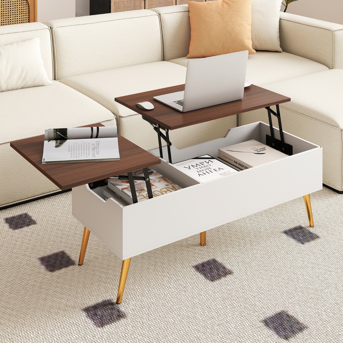 Costway Opklapbare Salontafel Moderne Salontafel met 2 Verborgen Opbergvakken Opklapbare Werktafel met Metalen Poten 111 x 48 x 40-53,5 cm
