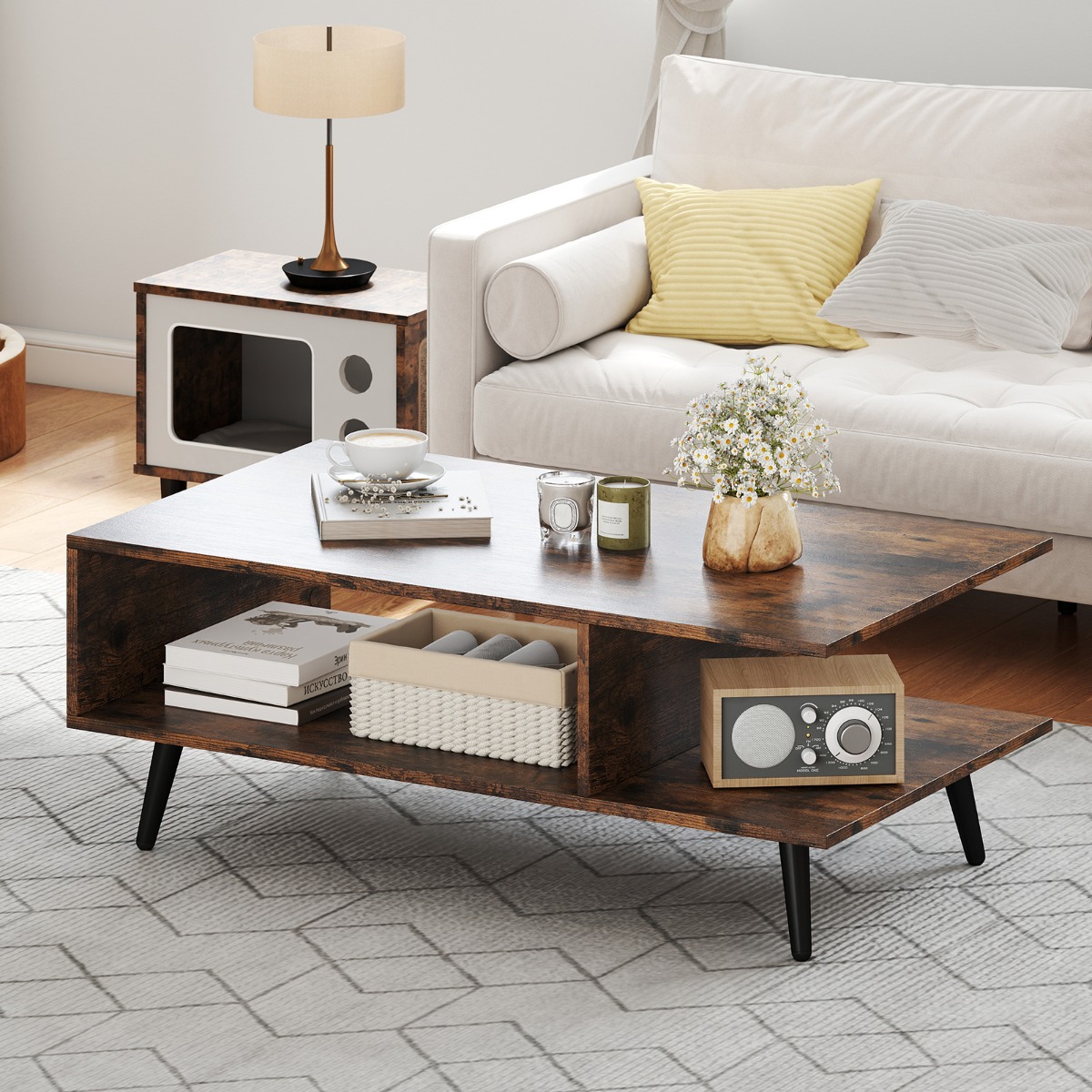 Costway Salontafel 2-Laags Woonkamer Tafel met Open Rek en Metalen Poten Bijzettafel van Hout Bruin 80 x 45 x 30 cm