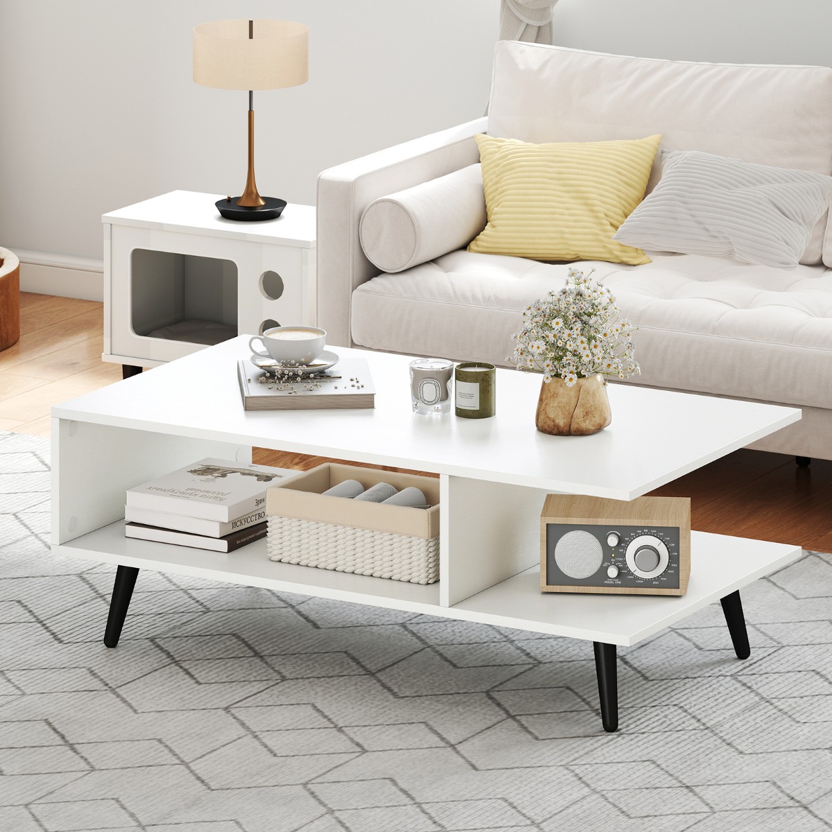 Costway Salontafel 2-Laags Woonkamer Tafel met Open Rek en Metalen Poten Bijzettafel van Hout 80 x 45 x 30 cm Wit