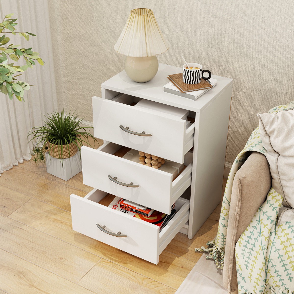 Costway Nachtkastje met 3 Laden Nachtkastje voor Boxspringbed Bijzettafel Banktafel Ladekast voor Slaapkamer Woonkamer 38,5 x 28 x 54 cm