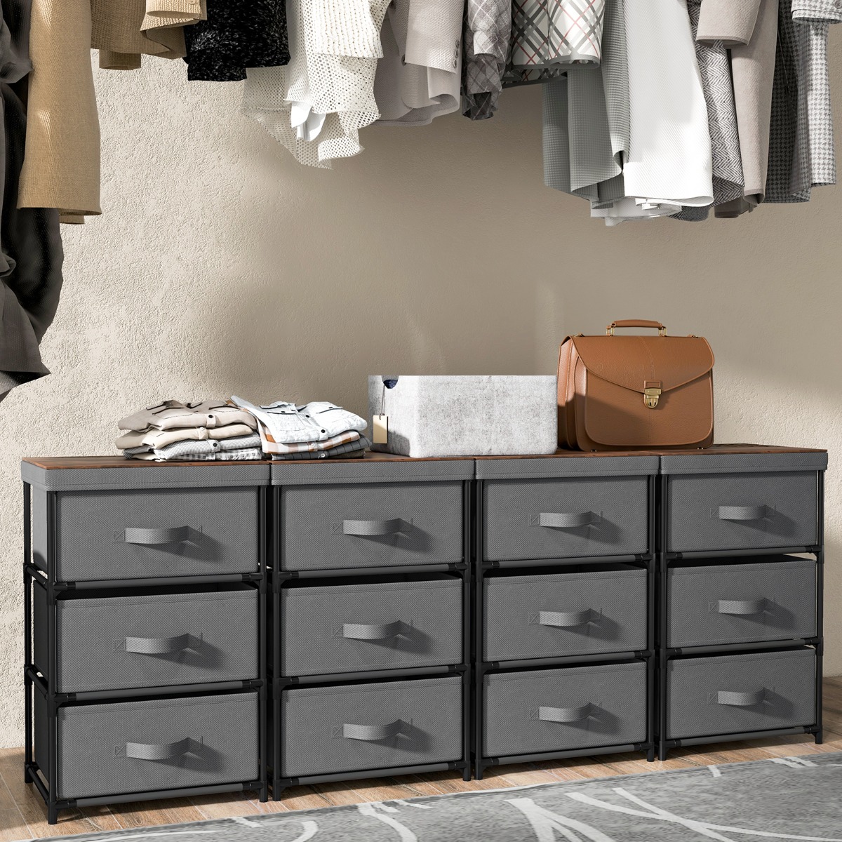 Costway Set van 2 Nachtkastjes met Stoffen Laden Bijzettafel met Metalen Frame Opbergkast Stoffen Commode voor Slaapkamer Woonkamer Hal