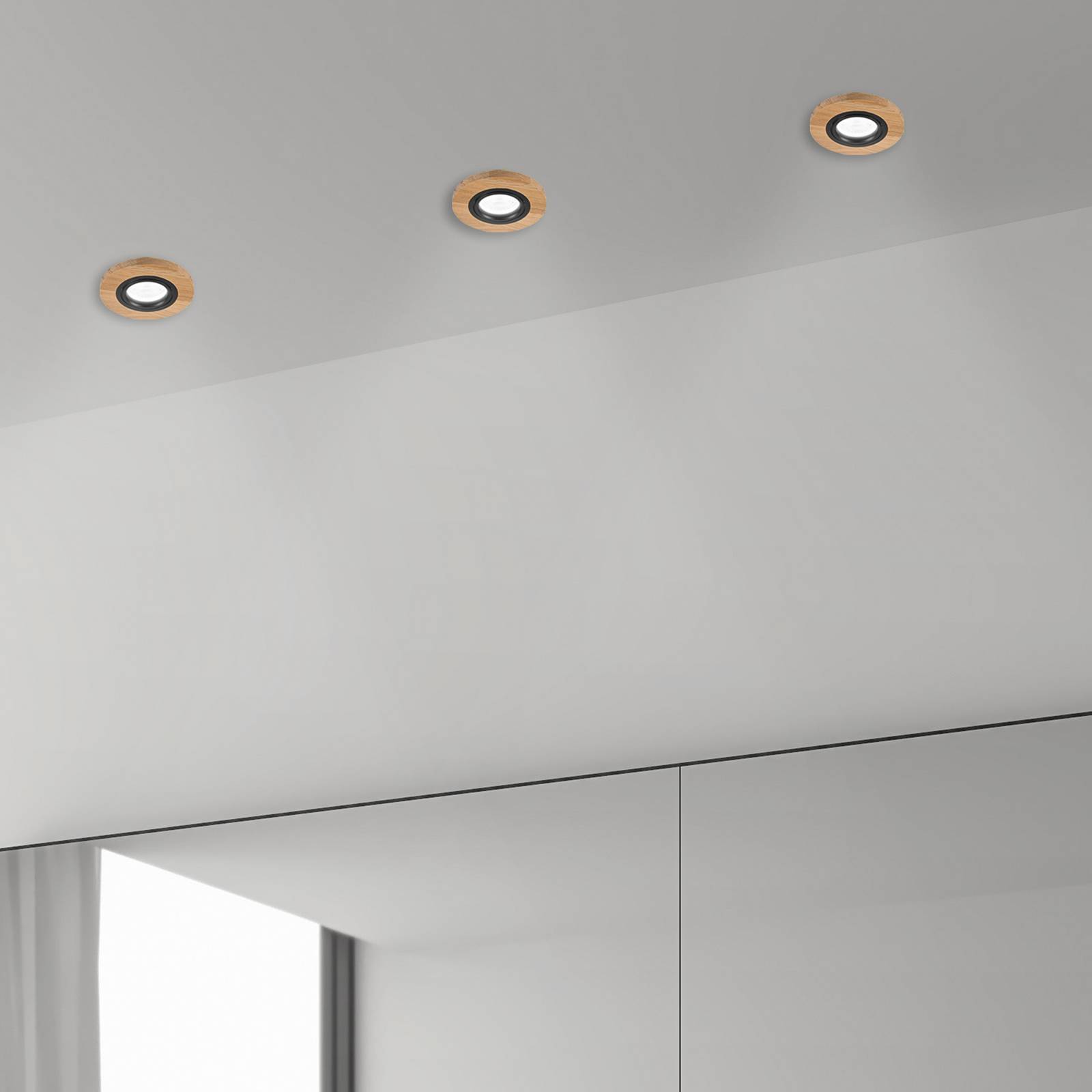 Lamkur Lighting Plafond inbouwlamp Tobby, Ø 10 cm, set van 3, eikenhout GU10