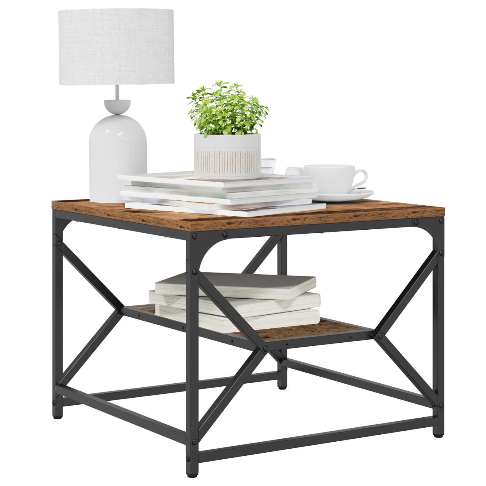 vidaXL Salontafel met Plank - Rustic Houtlook, 51x50x40 cm, Gemaakt van gefabriceerd hout