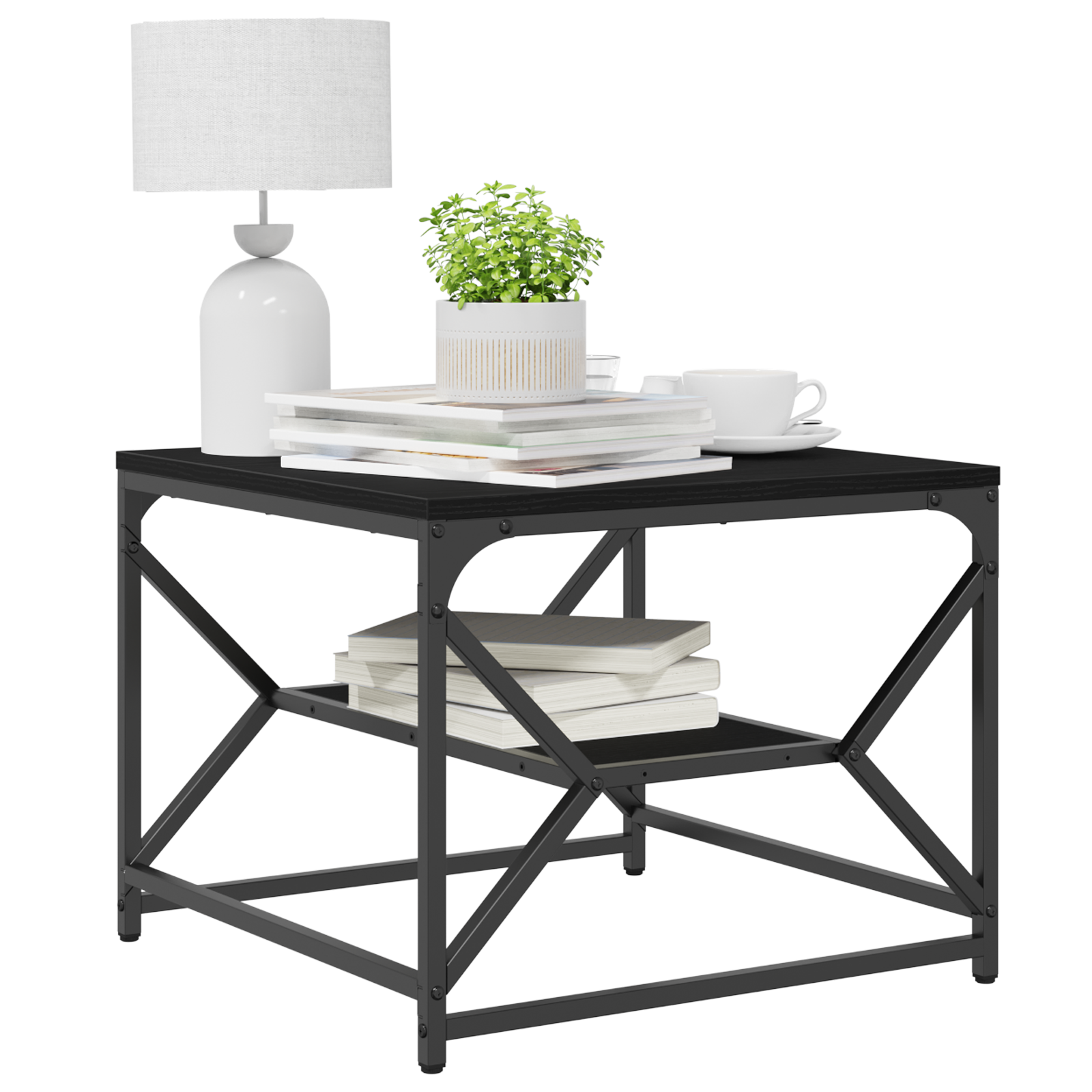 vidaXL Zwarte Eiken Salontafel met Plank, 51x50x40 cm, Gemaakt van Engineered Wood