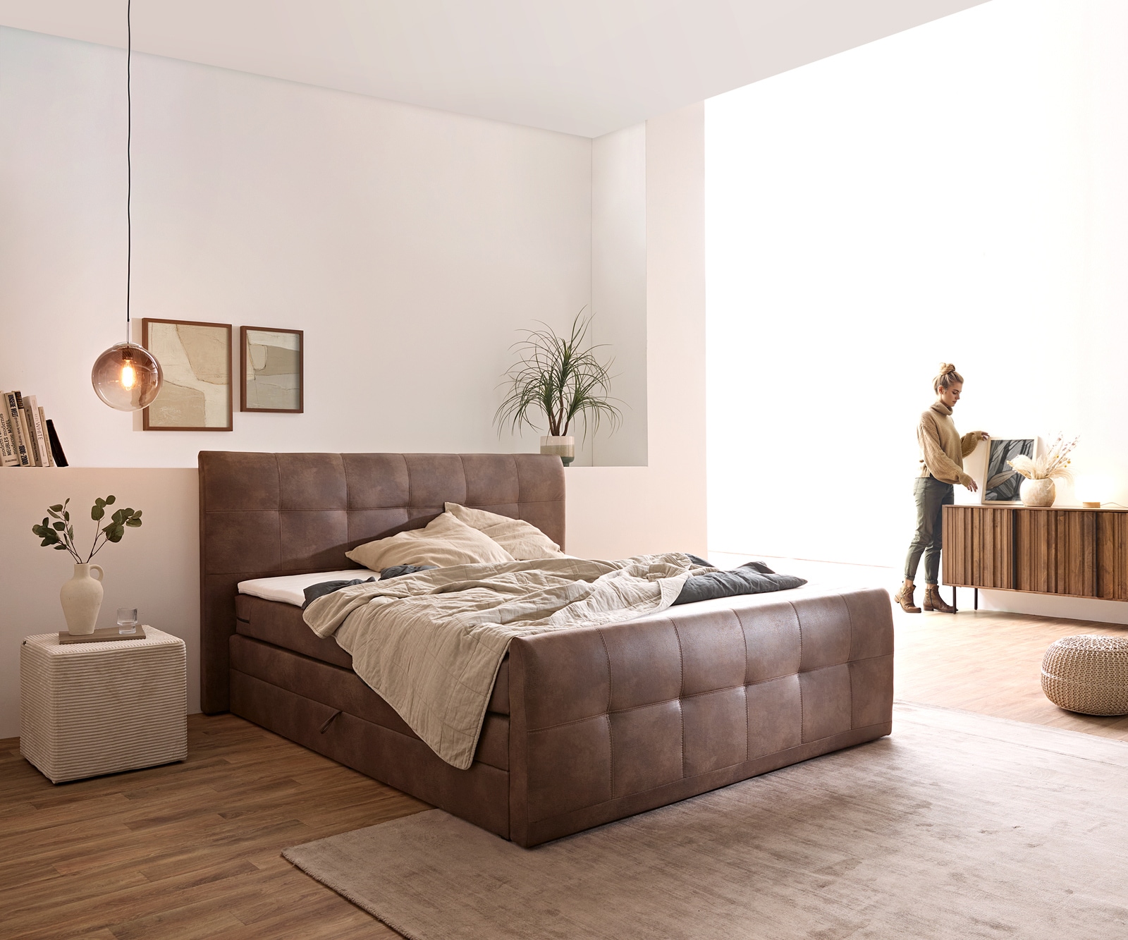 DELIFE Boxspringbett Amarillo 180x200 cm Braun mit Matratze, Topper und Bettkasten