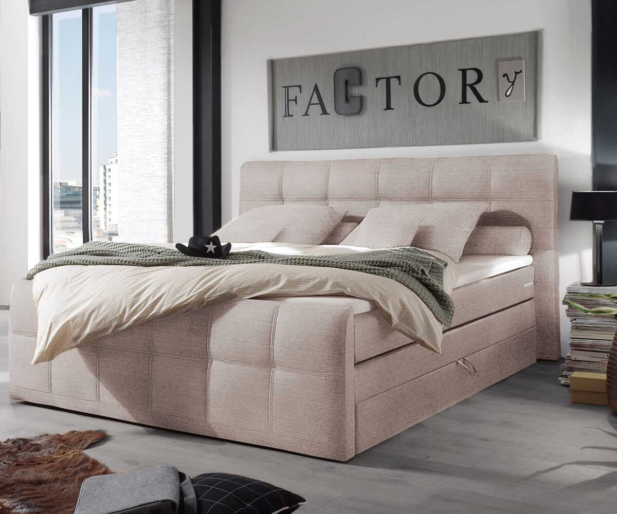 DELIFE Boxspringbett Amarillo 180x200 Beige Strukturstoff Topper