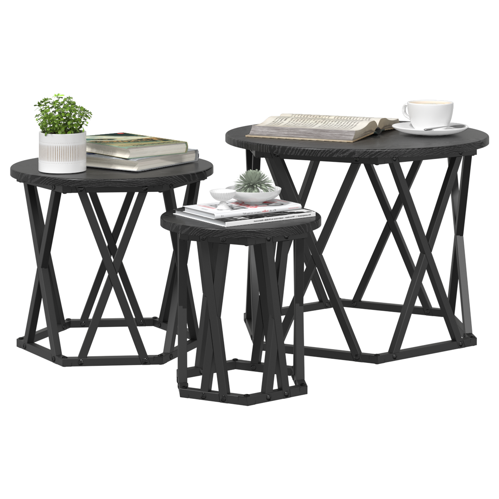 vidaXL Nestsidetable 3 st Zwart Eiken Gefabriceerd Hout