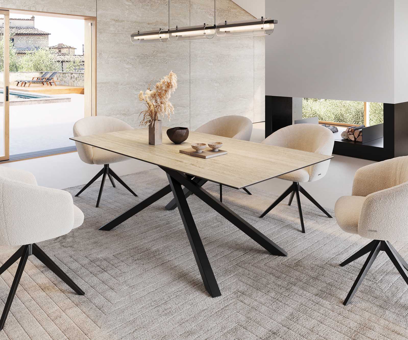 DELIFE Esstisch Edge 200x100 Keramik Travertin Natur Kreuzgestell Rechteck Schwarz