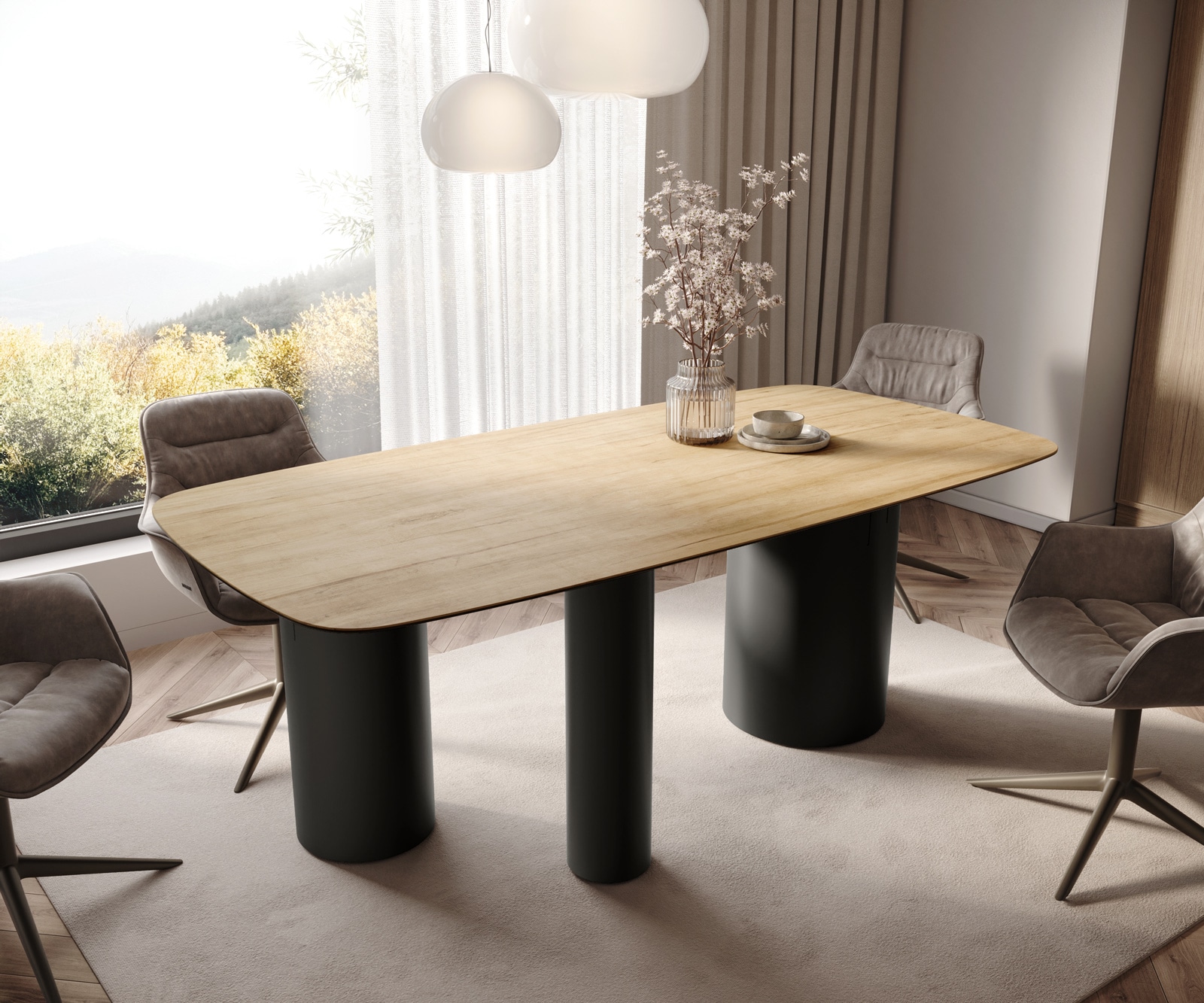 DELIFE Esstisch Edge Boot 200x100 Keramik Laminam Sabbia Eichefarbig Troa Metall Schwarz
