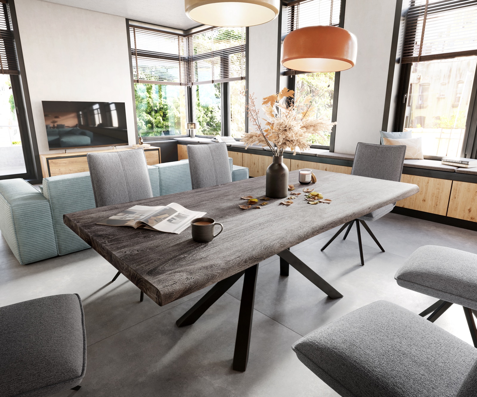 DELIFE Esstisch Edge 200x100 XL Akazie Platin Kreuzgestell Rechteck Schwarz Live-Edge