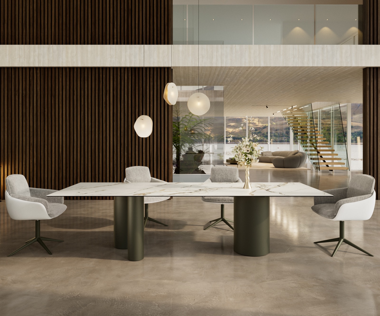 DELIFE Esstisch Edge 300x100 Keramik Calacatta Luxe Weiß-Gold-Grau Troa Metall Effektfinish Titan