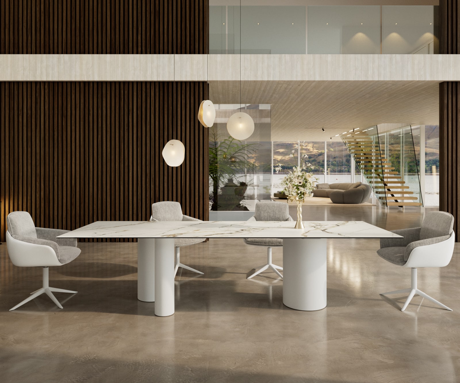 DELIFE Esstisch Edge 300x100 Keramik Calacatta Luxe Weiß-Gold-Grau Troa Metall Weiß