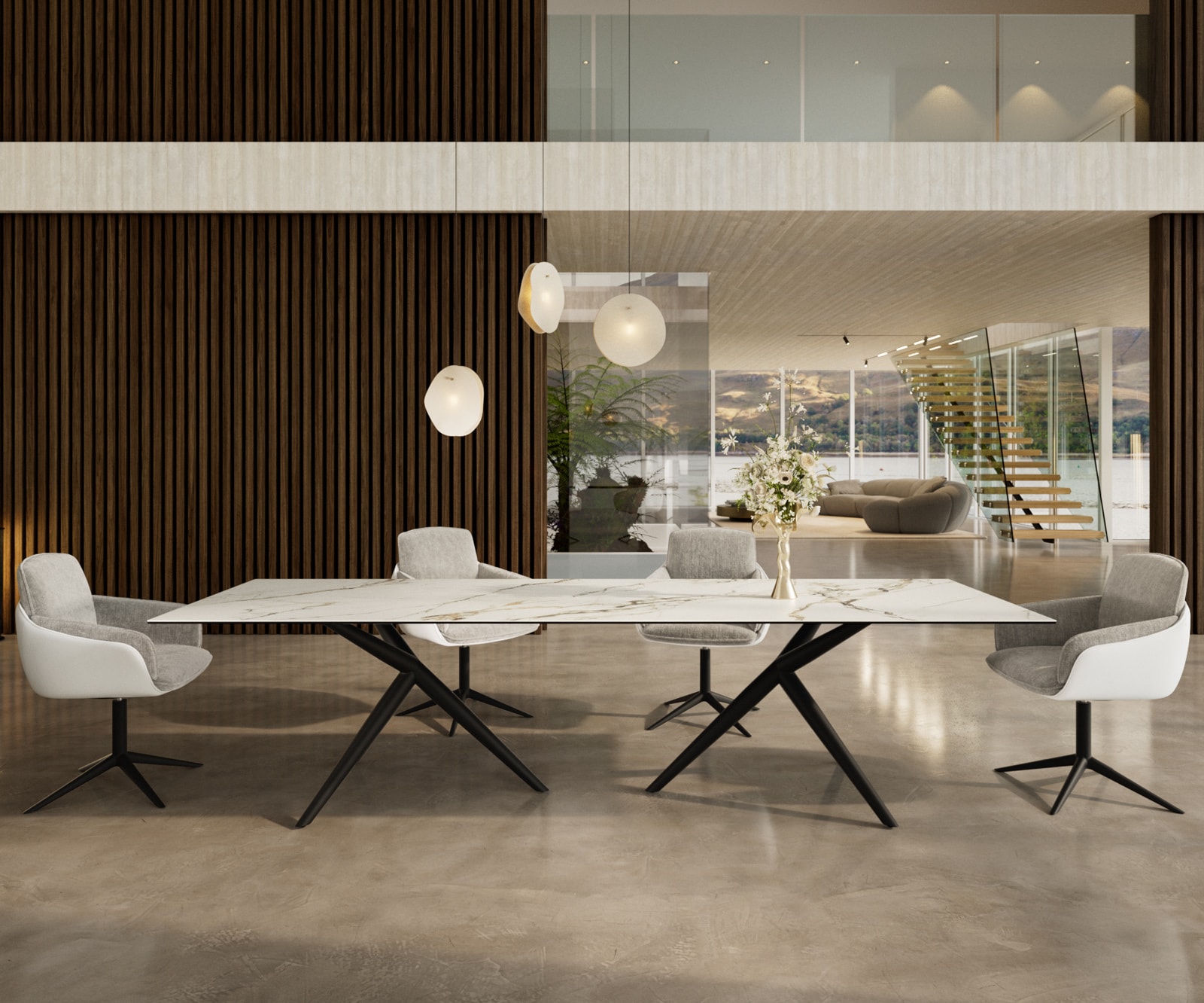 DELIFE Esstisch Edge 300x100 Keramik Calacatta Luxe Weiß-Gold-Grau Estelar rund Metall Schwarz