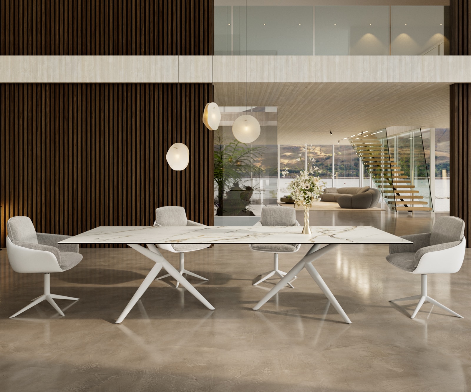 DELIFE Esstisch Edge 300x100 Keramik Calacatta Luxe Weiß-Gold-Grau Estelar rund Metall Weiß