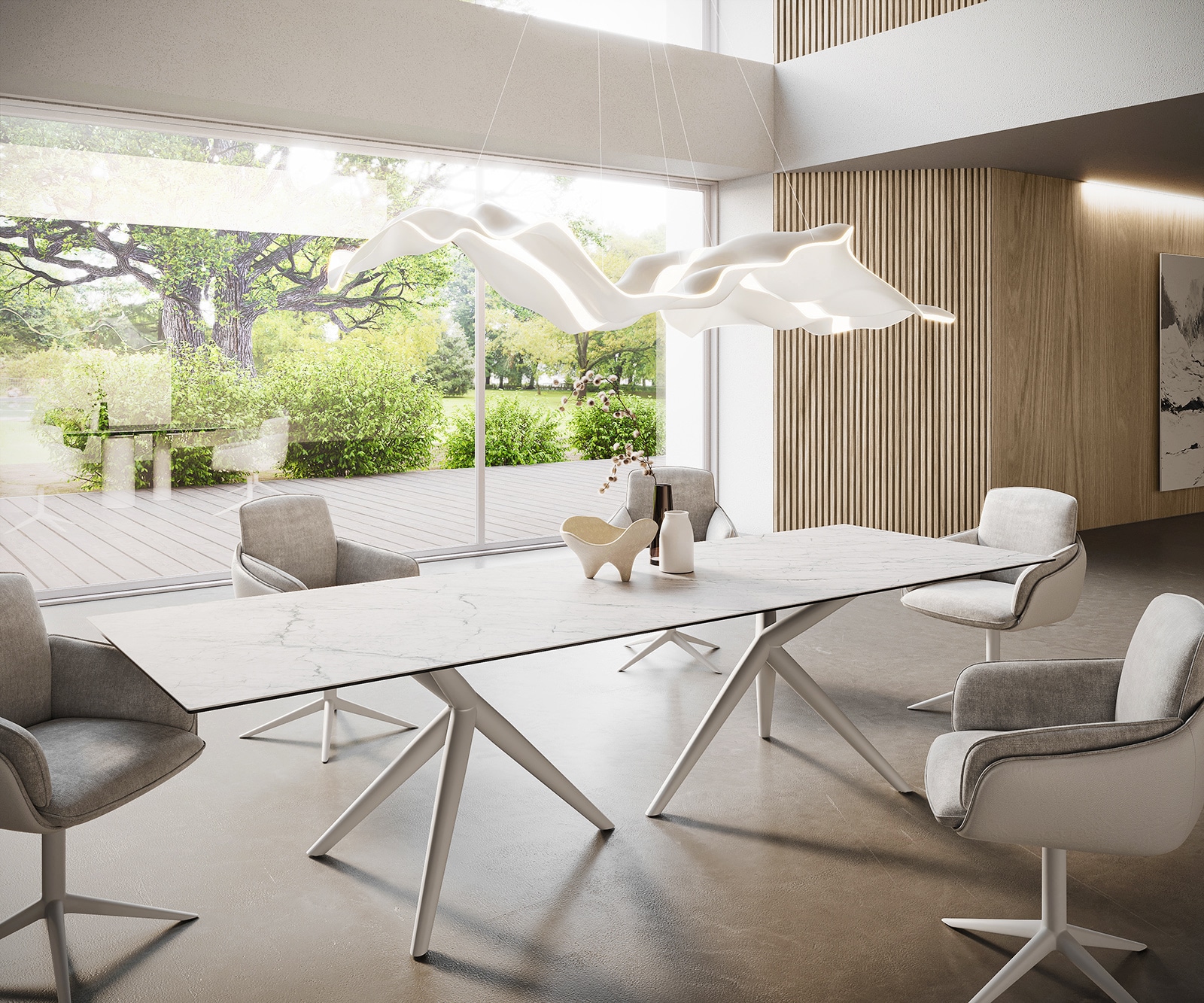 DELIFE Esstisch Edge 300x100 Keramik LaminamStatuarietto Weiß Estelar rund Metall Weiß