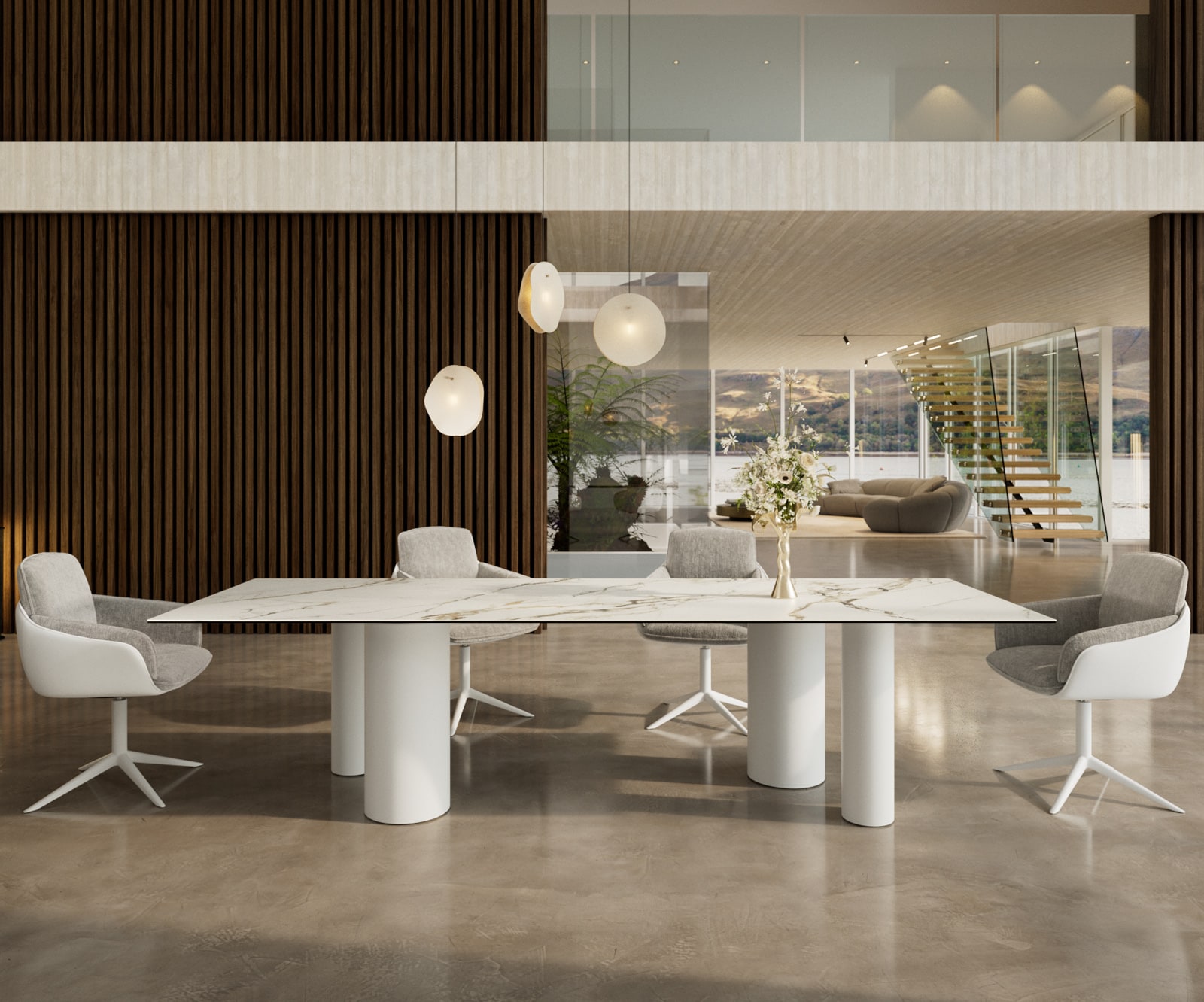DELIFE Esstisch Edge 300x100 Keramik Calacatta Luxe Weiß-Gold-Grau Pilier Metall Weiß