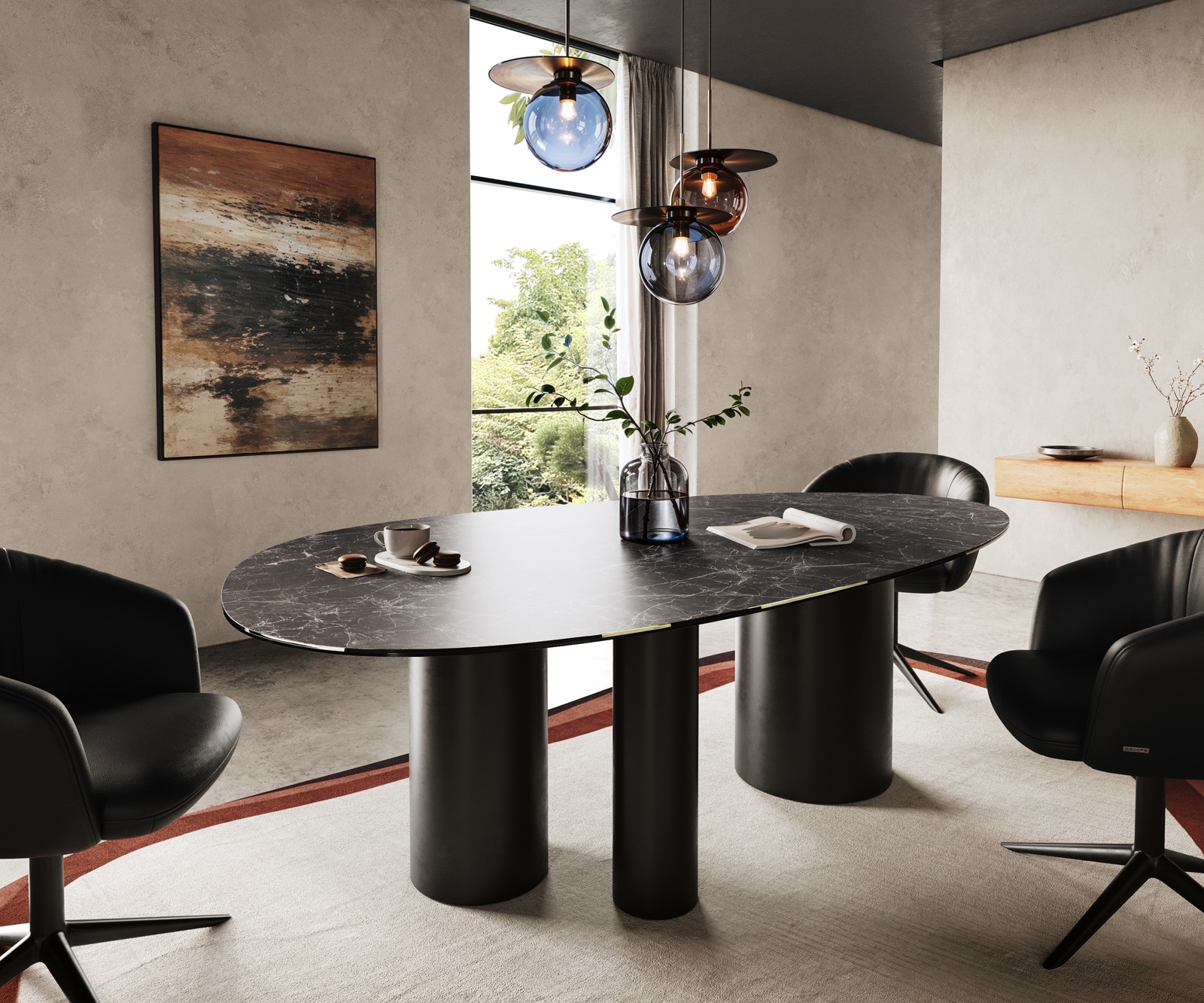DELIFE Esstisch Edge Oval 220x120 Keramik Laminam Nero Greco Anthrazit Troa Metall Schwarz