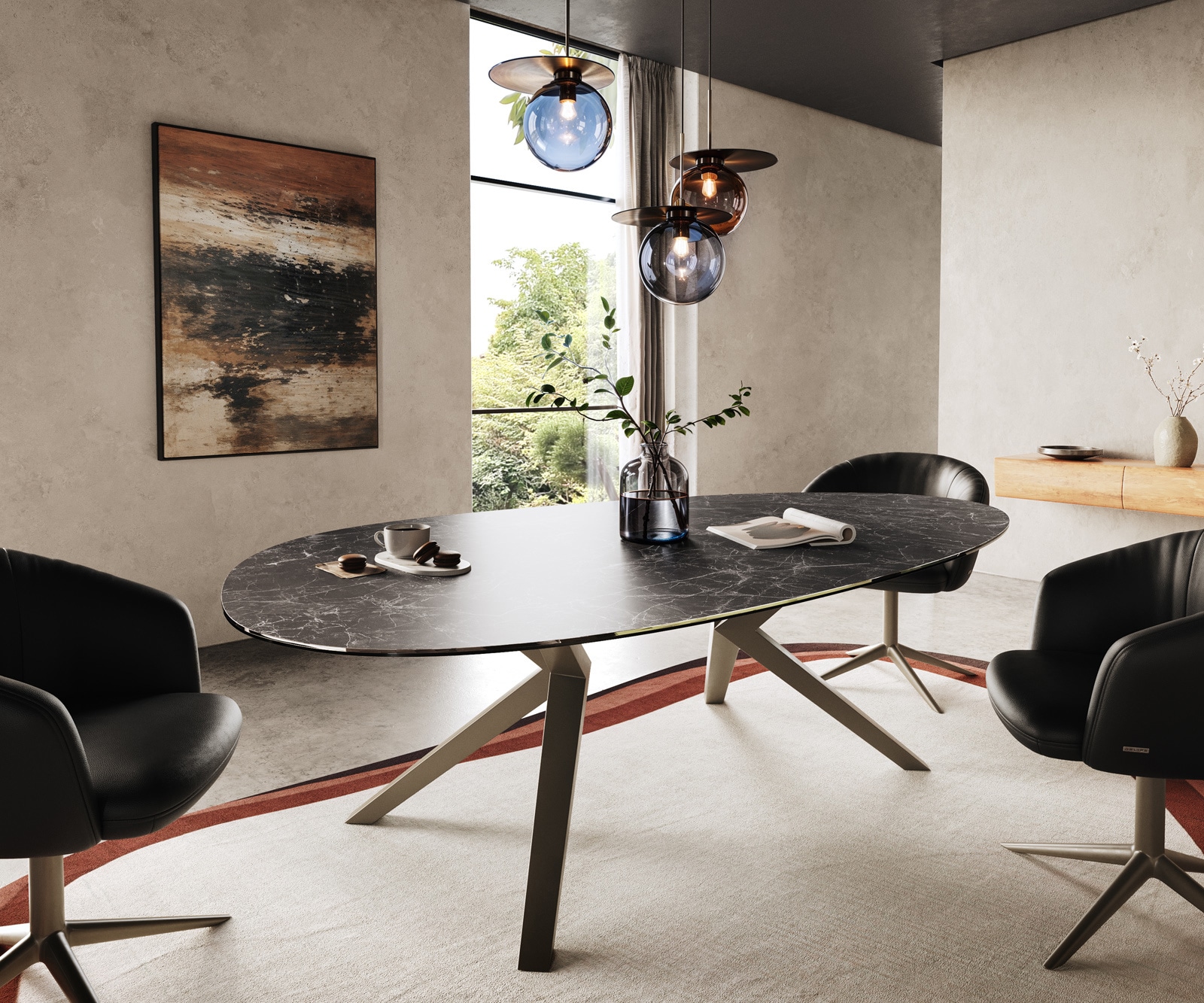 DELIFE Esstisch Edge Oval 220x120 Keramik Laminam Nero Greco Anthrazit Zenthara kantig Metall Effektfinish Titan